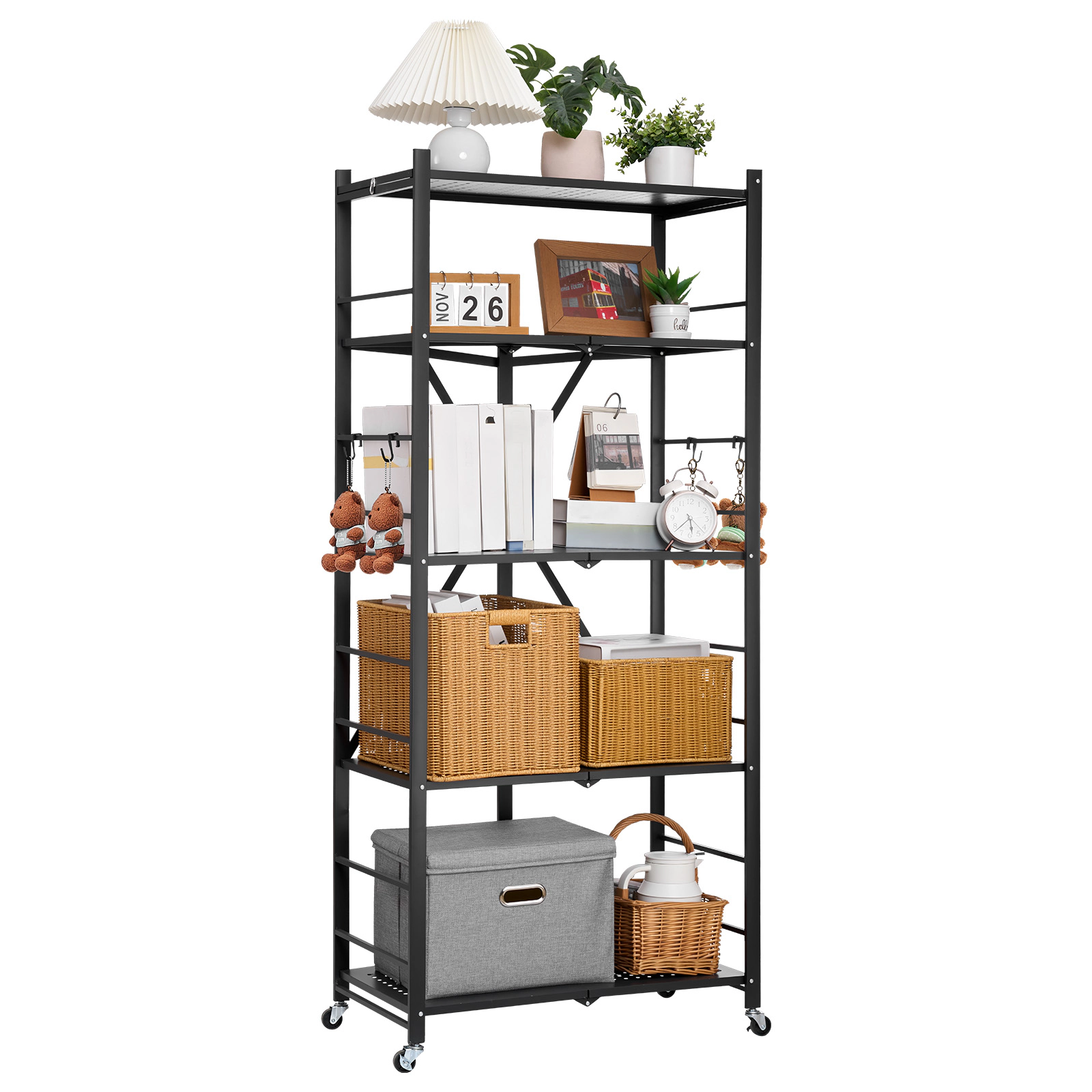 Flynama Folding Storage Shelf with Wheels 5-Tier Metal Shelving Unit Black