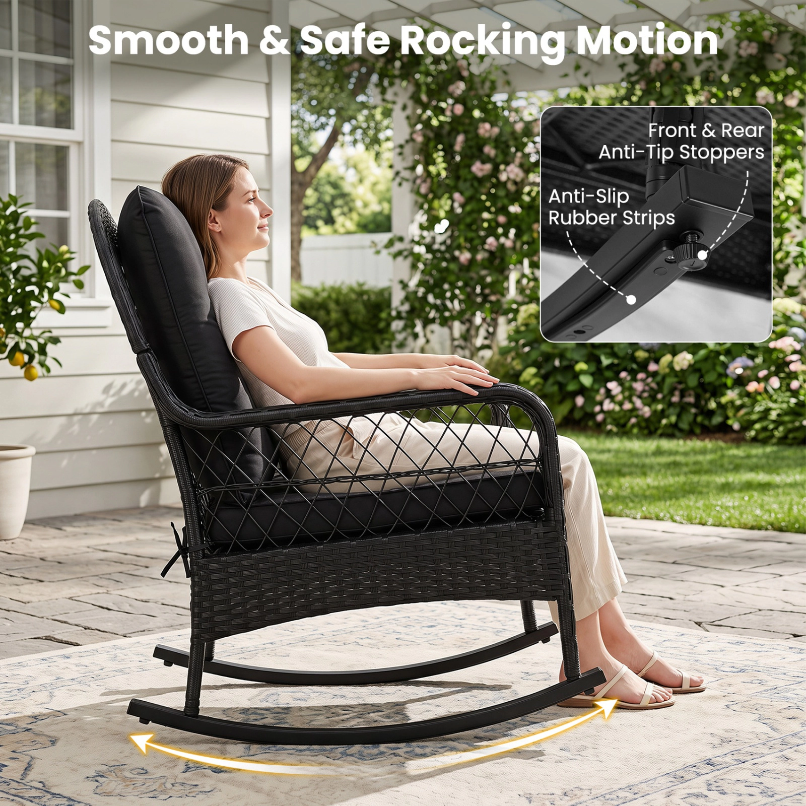 SUGIFT Black Anti-Tip Stoppers and 3-Piece Cushion Set Outdoor Wicker Rocking Chair