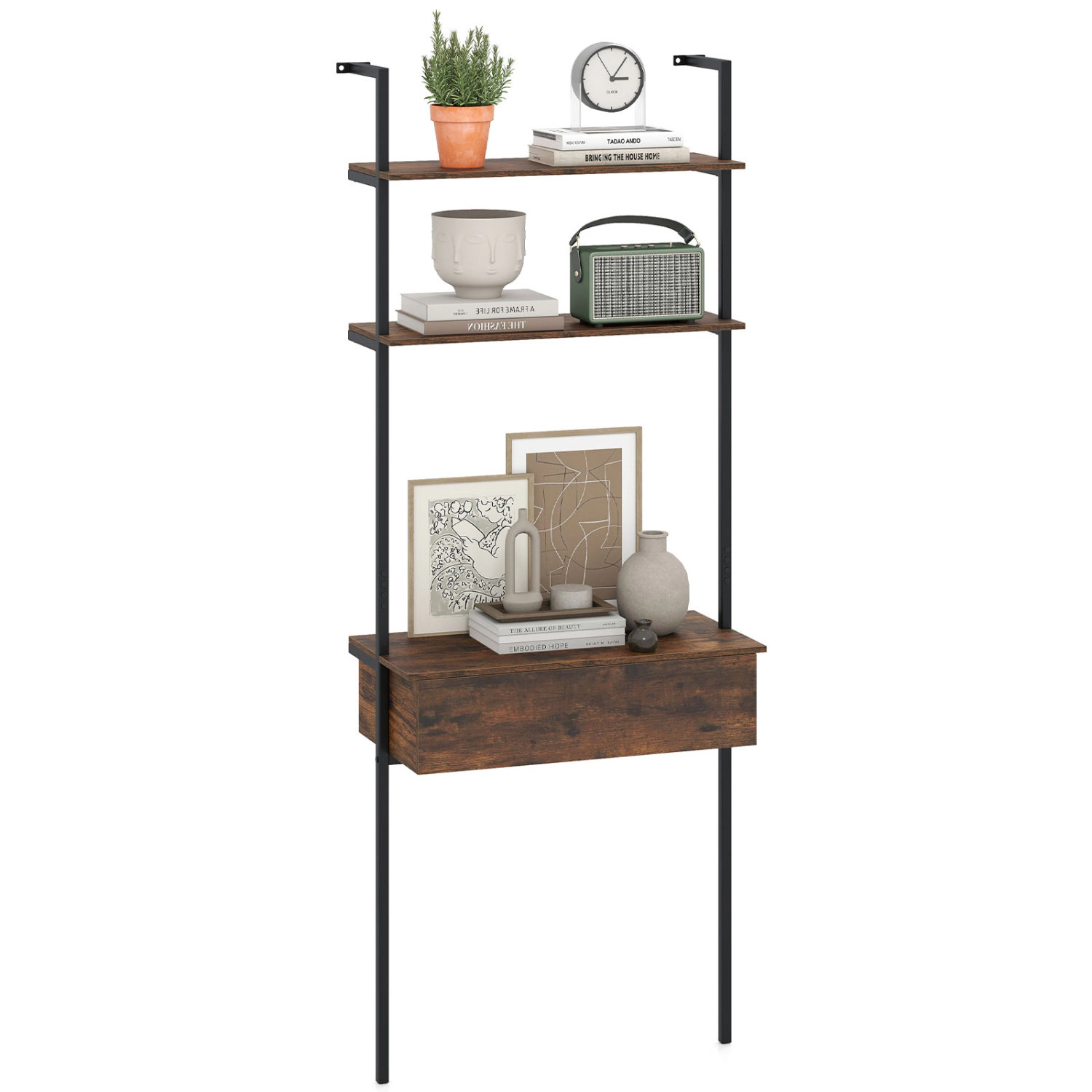 LJG 4-Tier Ladder Bookshelf with Drawer and Metal Frame for Living Room