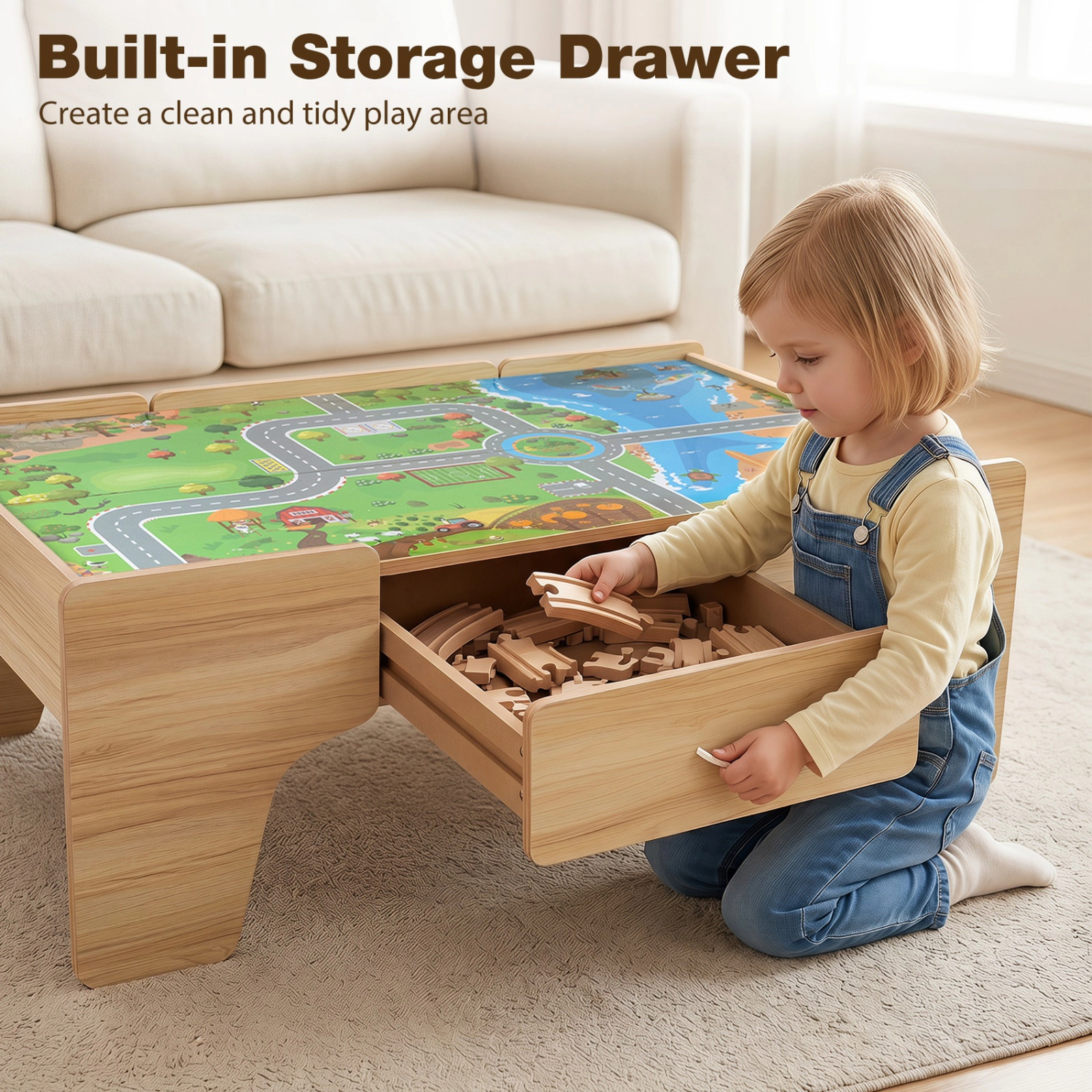 SUGIFT 110-Piece 66-lb Capacity 3-in-1 Wooden Train Table with Storage Drawer and Rope Pull Handle