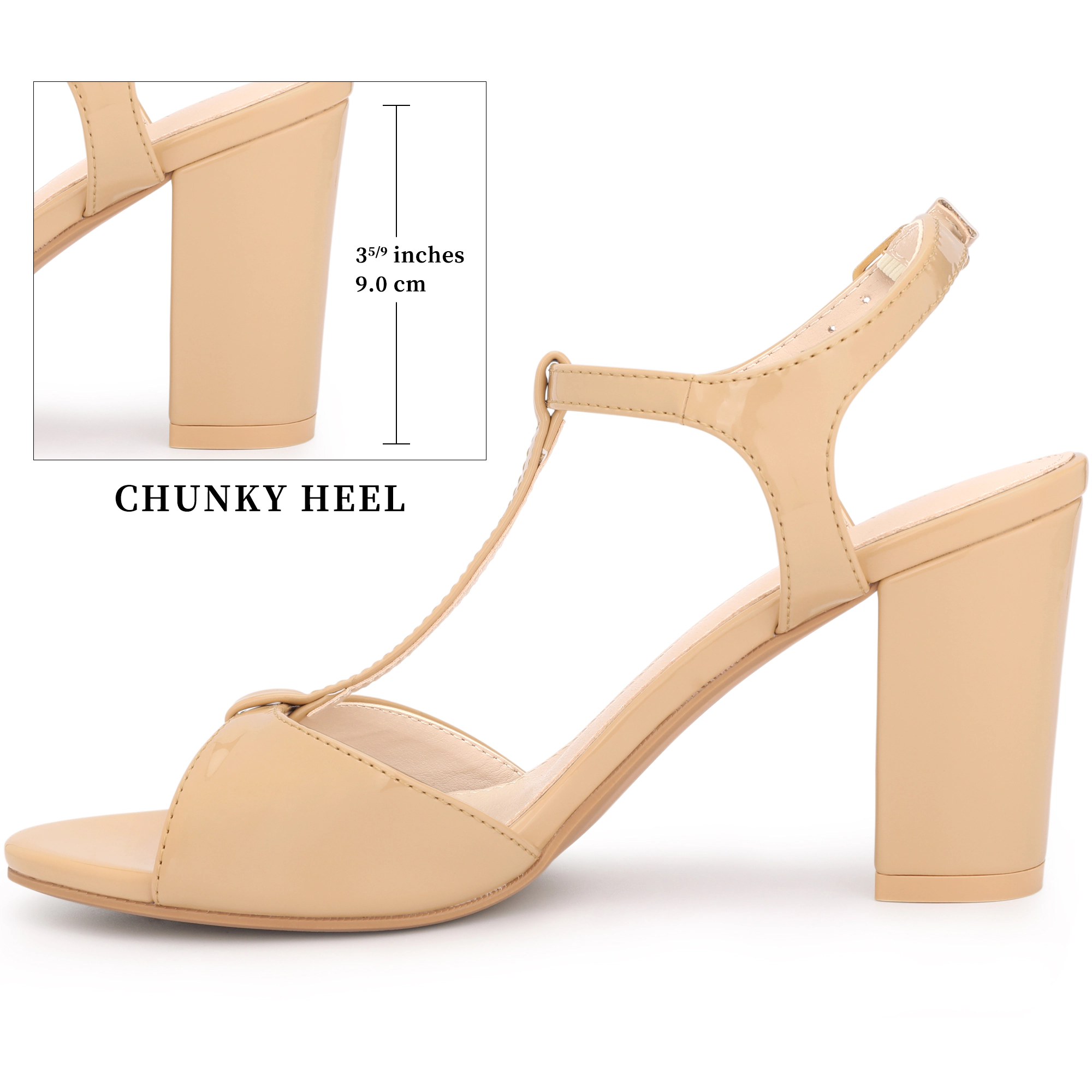 BLISSFUL STEP Women's Chunky Heel Open Toe T-Strap Ankle Strap Slingback Sandals