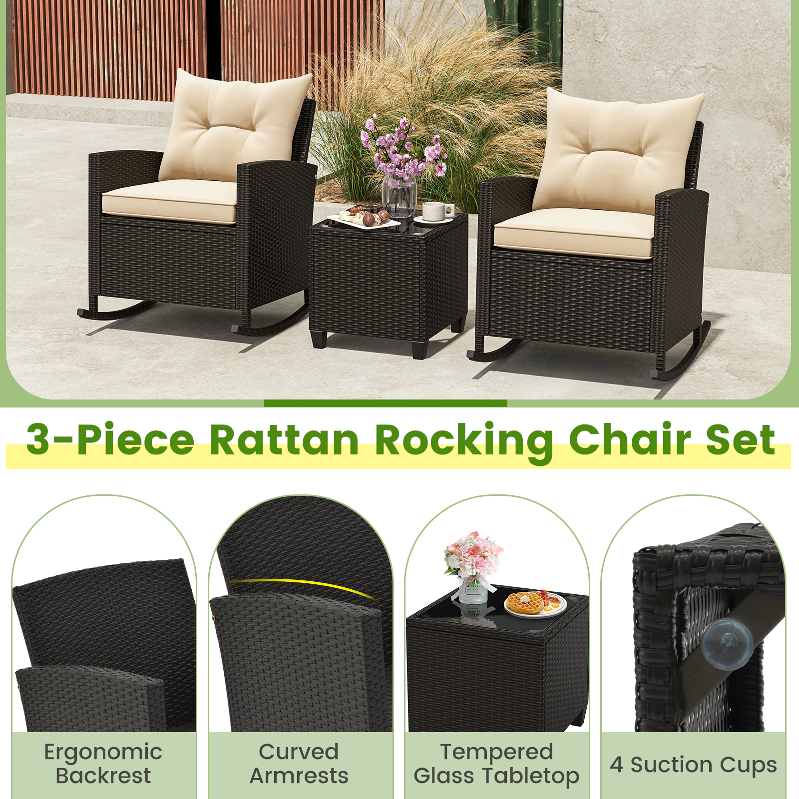 SUGIFT 3-Piece Mix Brown Outdoor Wicker Rocking Chair Set with Glass Table and Cushions