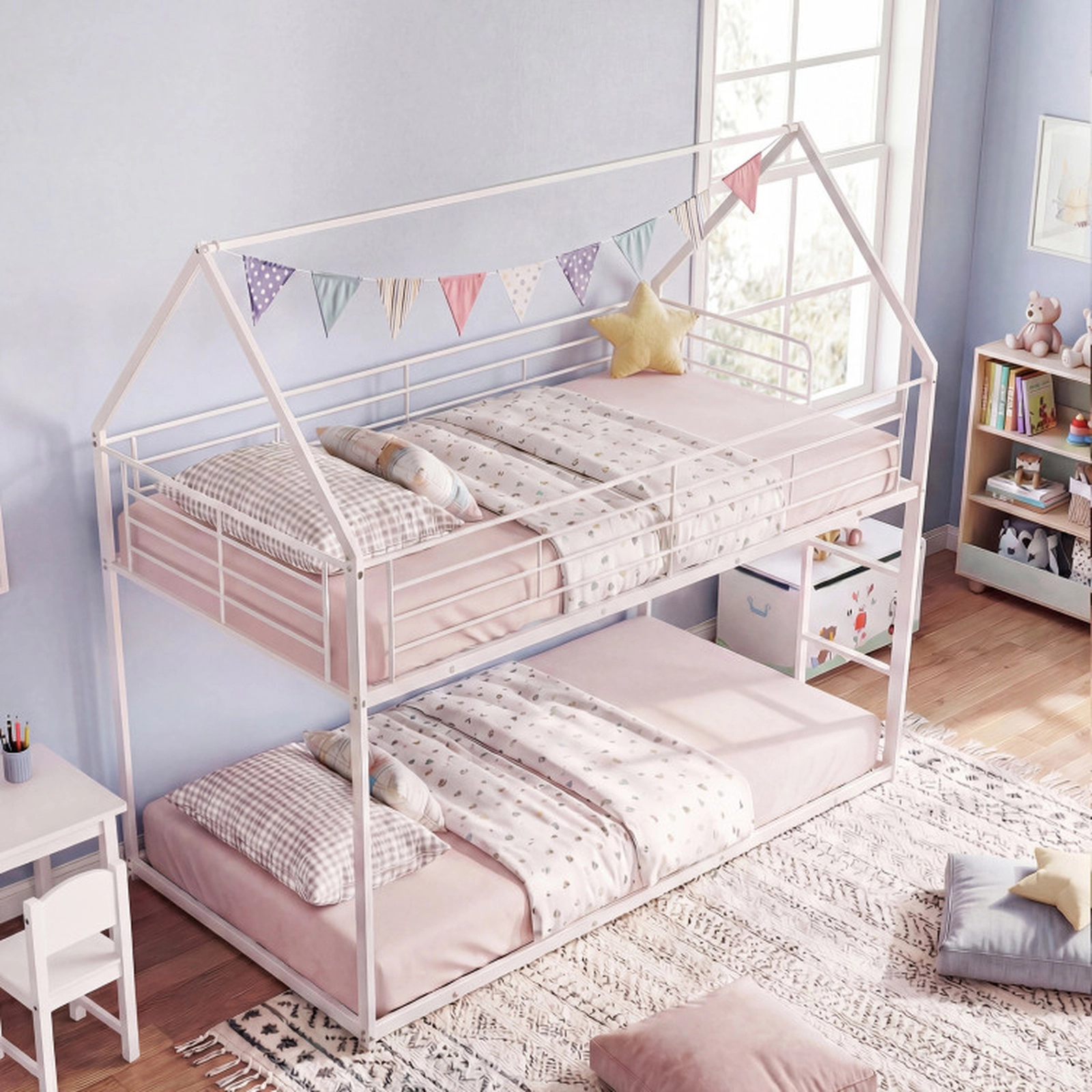 SUGIFT House-Shaped Twin-Over-Twin Metal Bunk Bed with Roof, Guardrails and Ladder 400-lb Capacity White