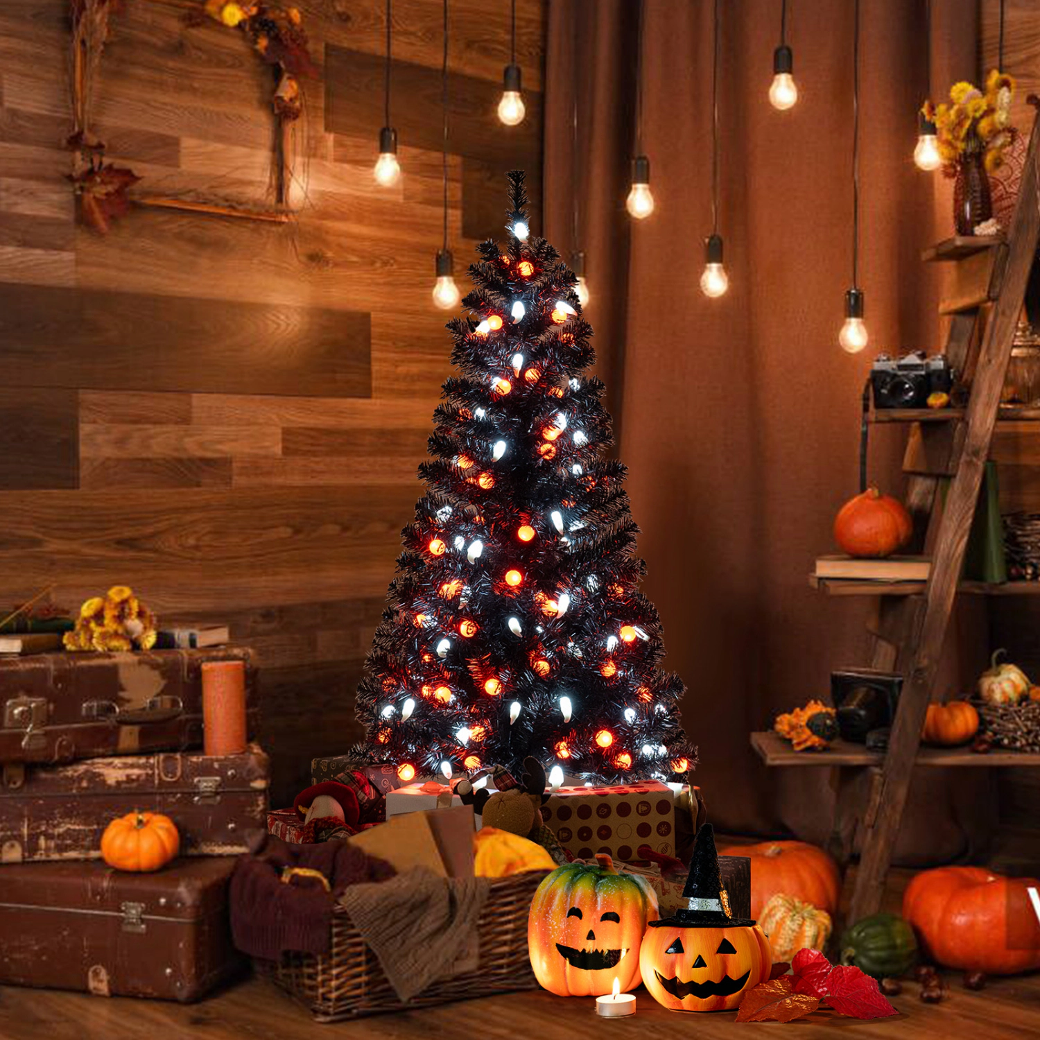 SlickBlue Black Halloween Tree 4.5 Ft Artificial Tree with LED Lights and Sound