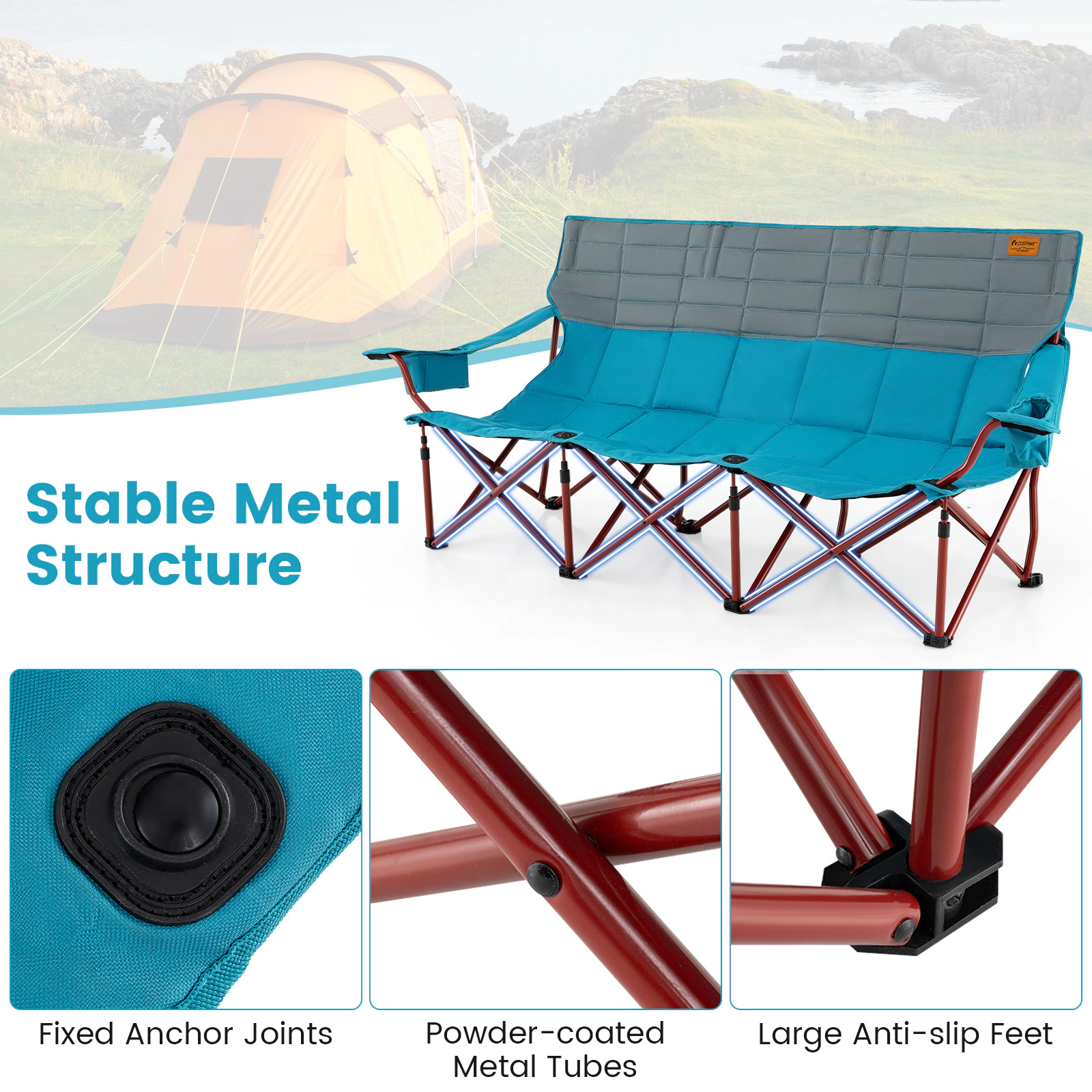 SUGIFT 3-Person Folding Camping Chair 900-lb Capacity with 2 Cup Holders and Storage Bag Blue