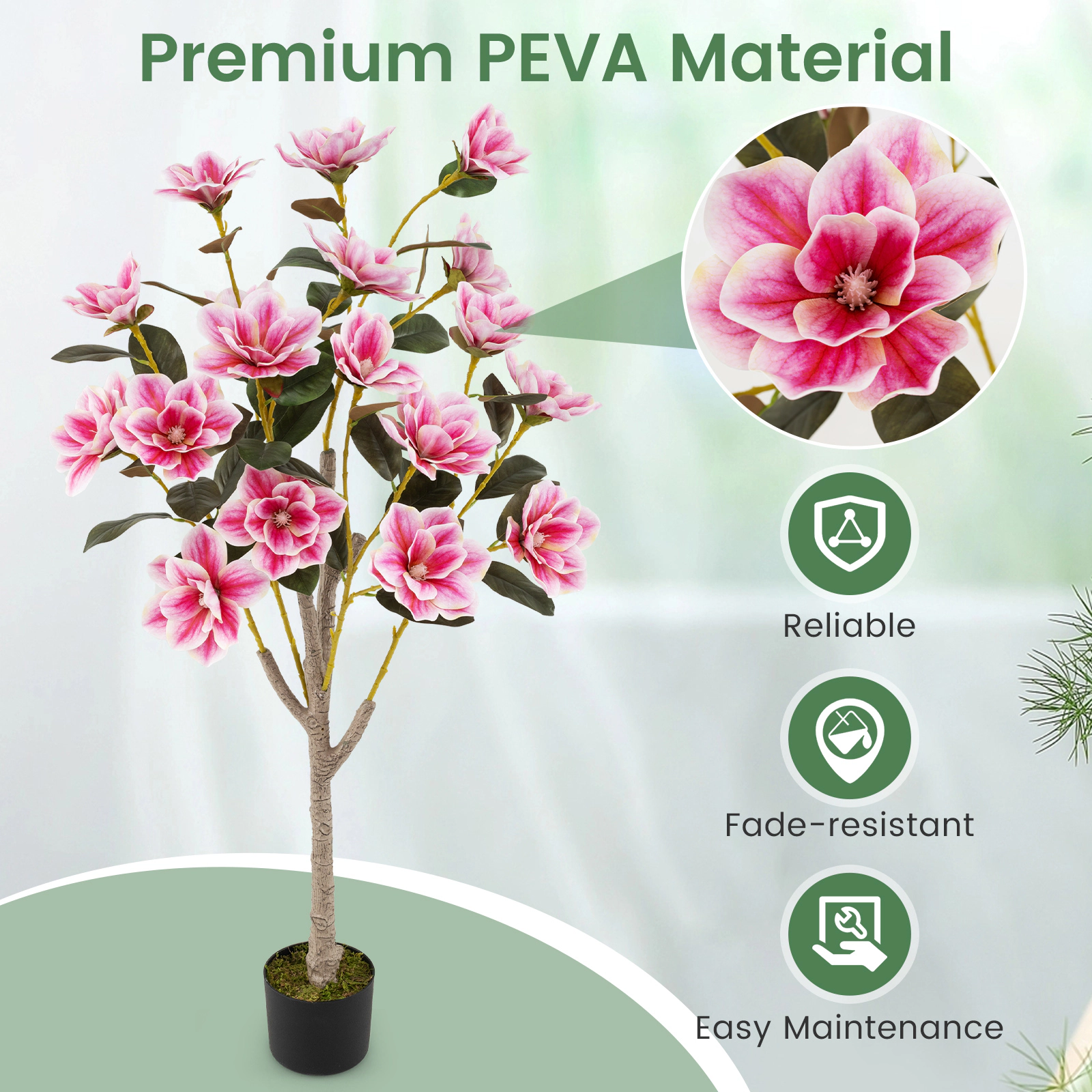 Slickblue Artificial Magnolia Tree with Blooming Flowers and Multi Branch Trunks for Home Decor