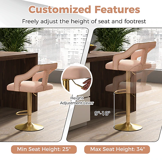 Glintex 2-Piece Adjustable Swivel Bar Stool Set with T-Shaped Velvet Back, Pink & Gold