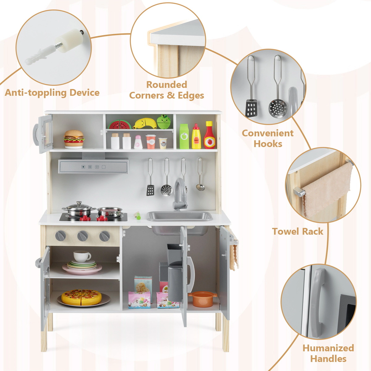 SUGIFT Wooden Pretend Play Kitchen Set with Microwave Range Hood Oven Sink and Ice Maker Ages 3-6 Years White