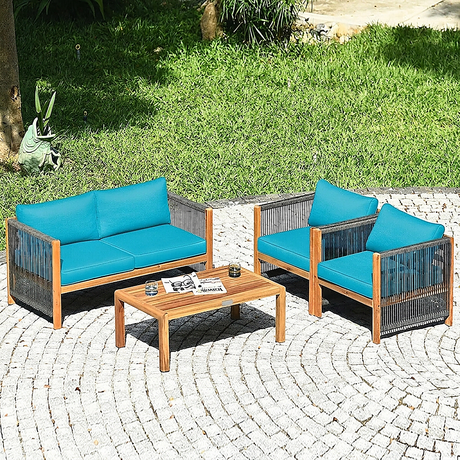 SUGIFT 4-Piece Turquoise Acacia Wood Patio Sofa Set with Loveseat, 2 Chairs and Table