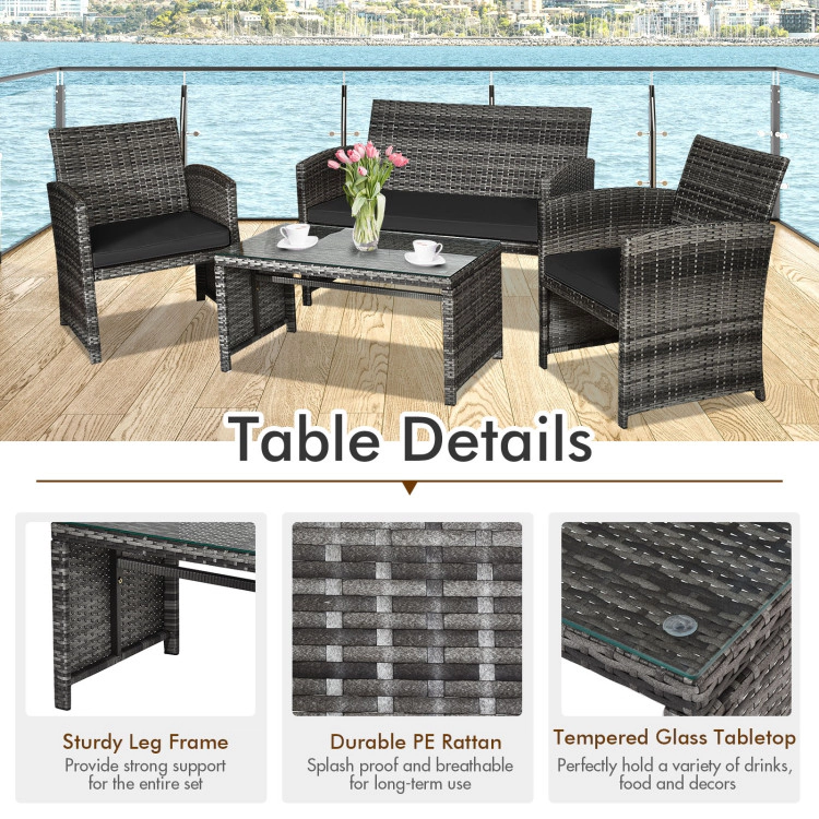 Hivvago 4 Pieces Patio Rattan Furniture Set With Glass Table And Loveseat