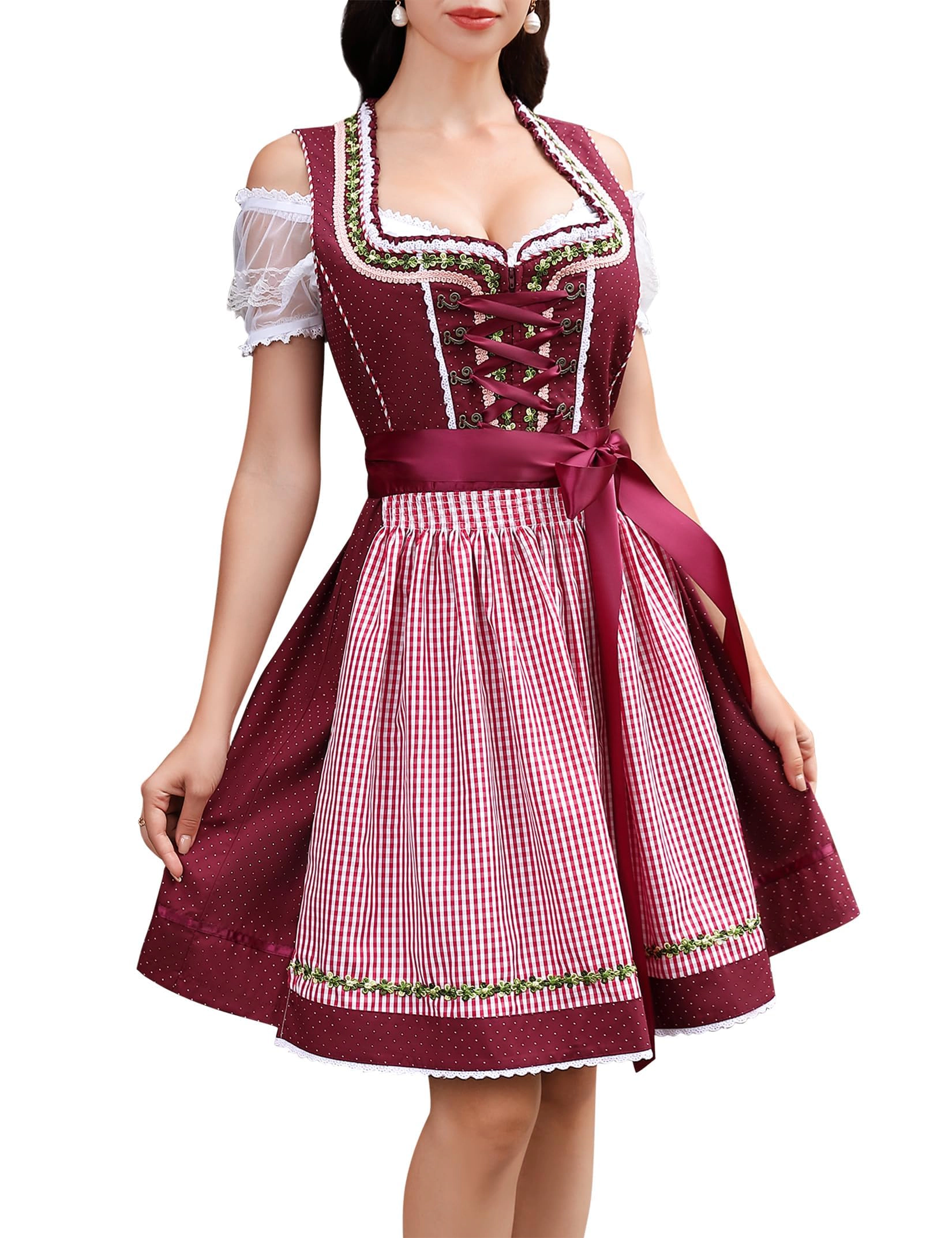 KOJOOIN Women's Bavarian Oktoberfest Costume 3 Piece Dirndl Dresses German Beer Outfit for Carnival