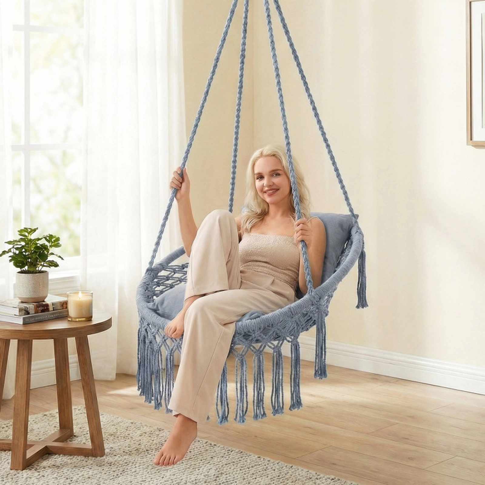 SUGIFT Gray Macrame Hanging Chair Swing with Removable Cushions and Boho Fringe