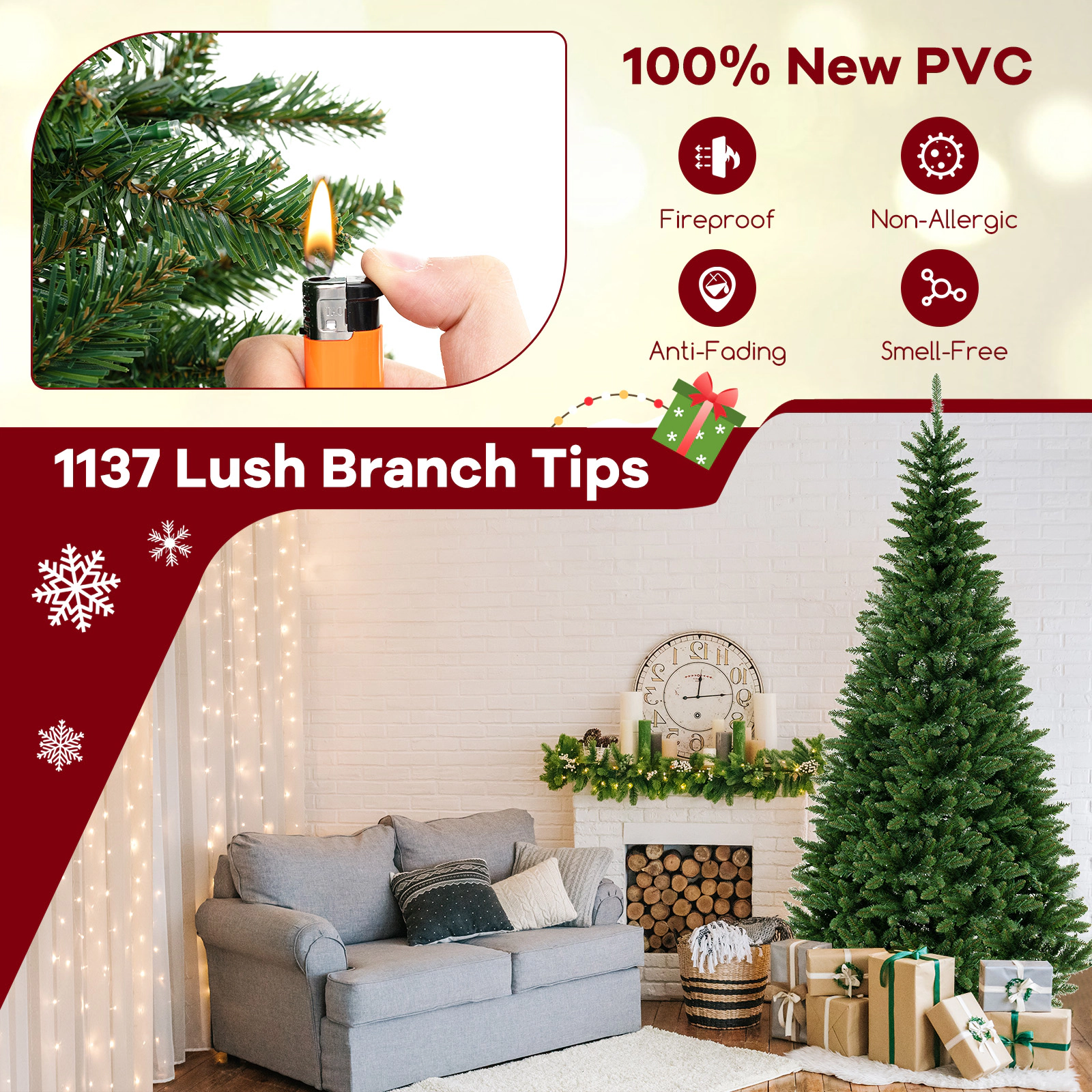 Costway 8 FT Pre-Lit Artificial Christmas Tree with 360 Warm White LED Lights Metal Stand