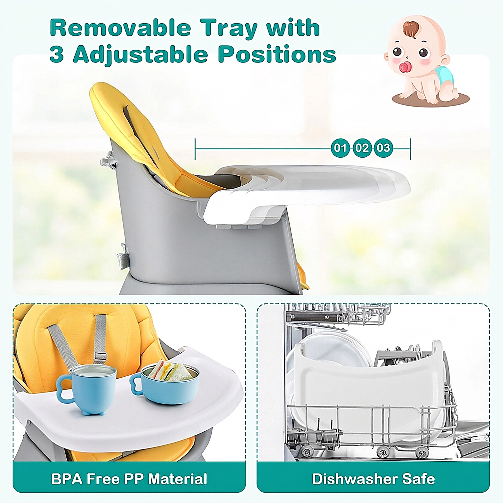 SUGIFT 6-in-1 Convertible Baby High Chair with Adjustable Removable Tray 55-lb Capacity Ages 6-36 Months Yellow