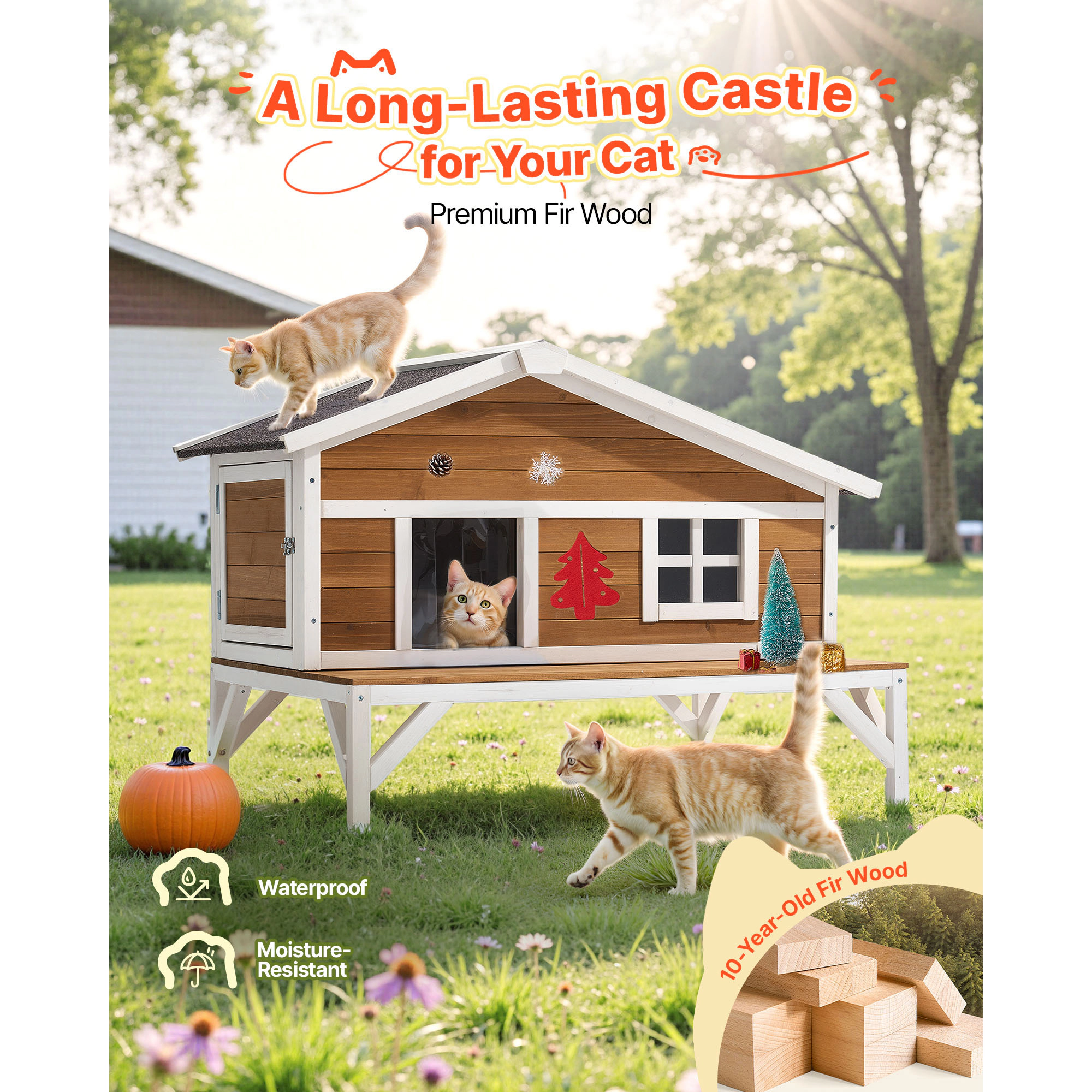 HONGGE Outdoor Wooden Cat House Shelter for Feral Cats in Winter with Waterproof Roof