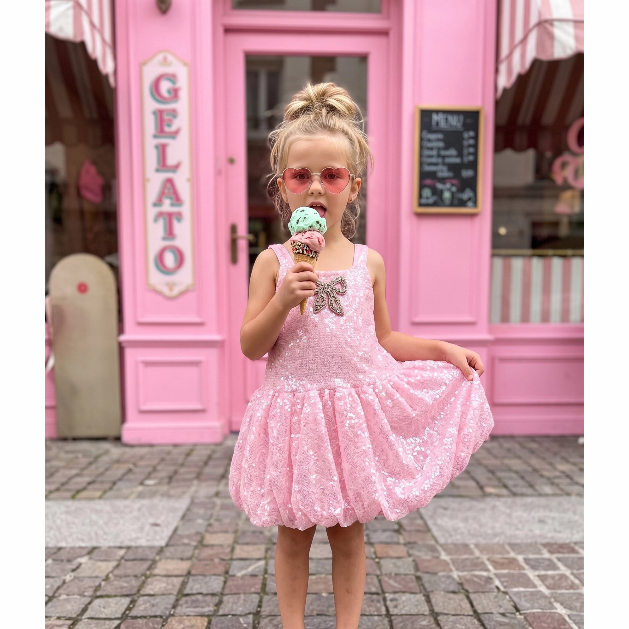 2Bunnies Girls' Sequin Sleeveless Bubble Dress with Rhinestone Bow