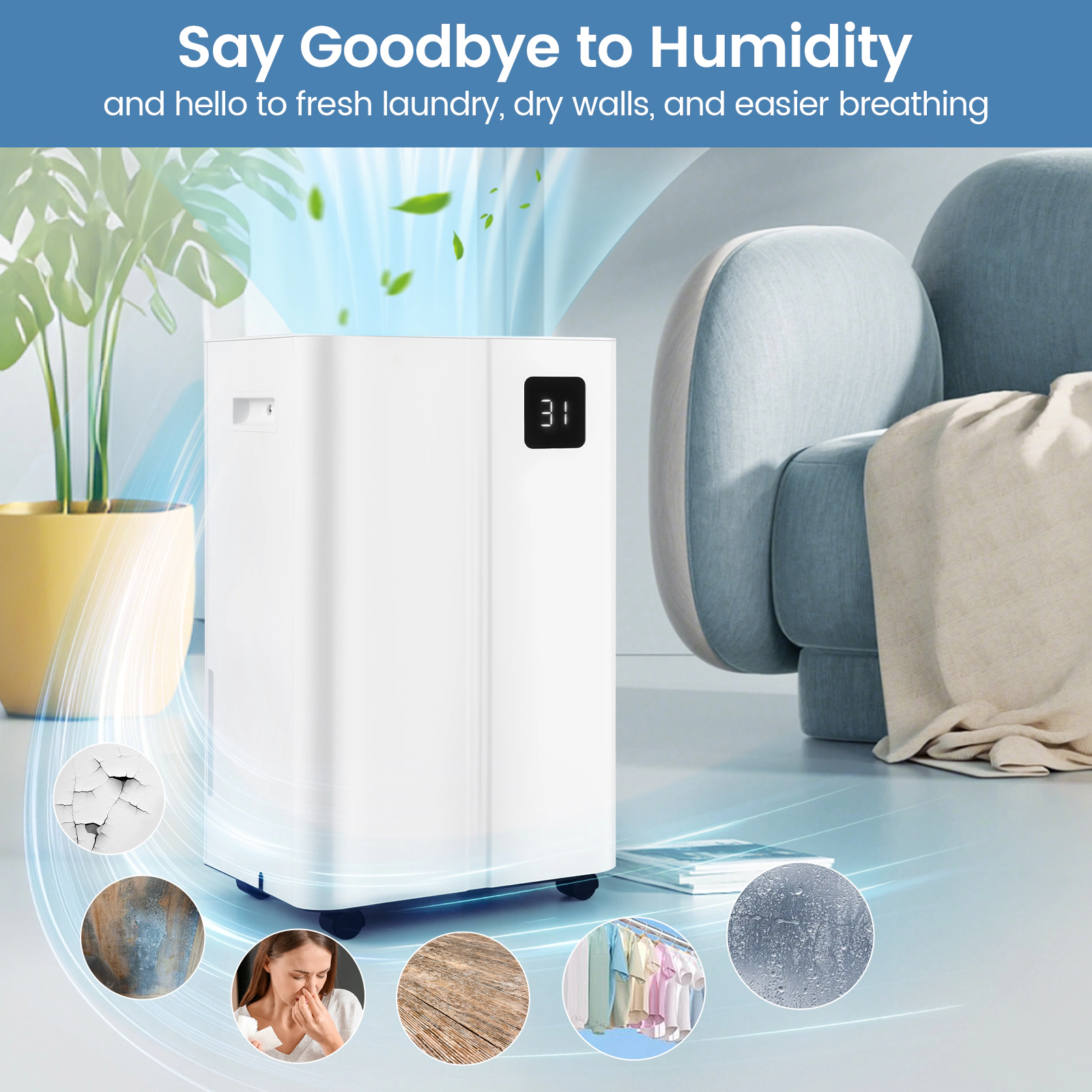 SlickBlue 54 Pint Dehumidifier for Rooms with Humidity Control, Drain Hose