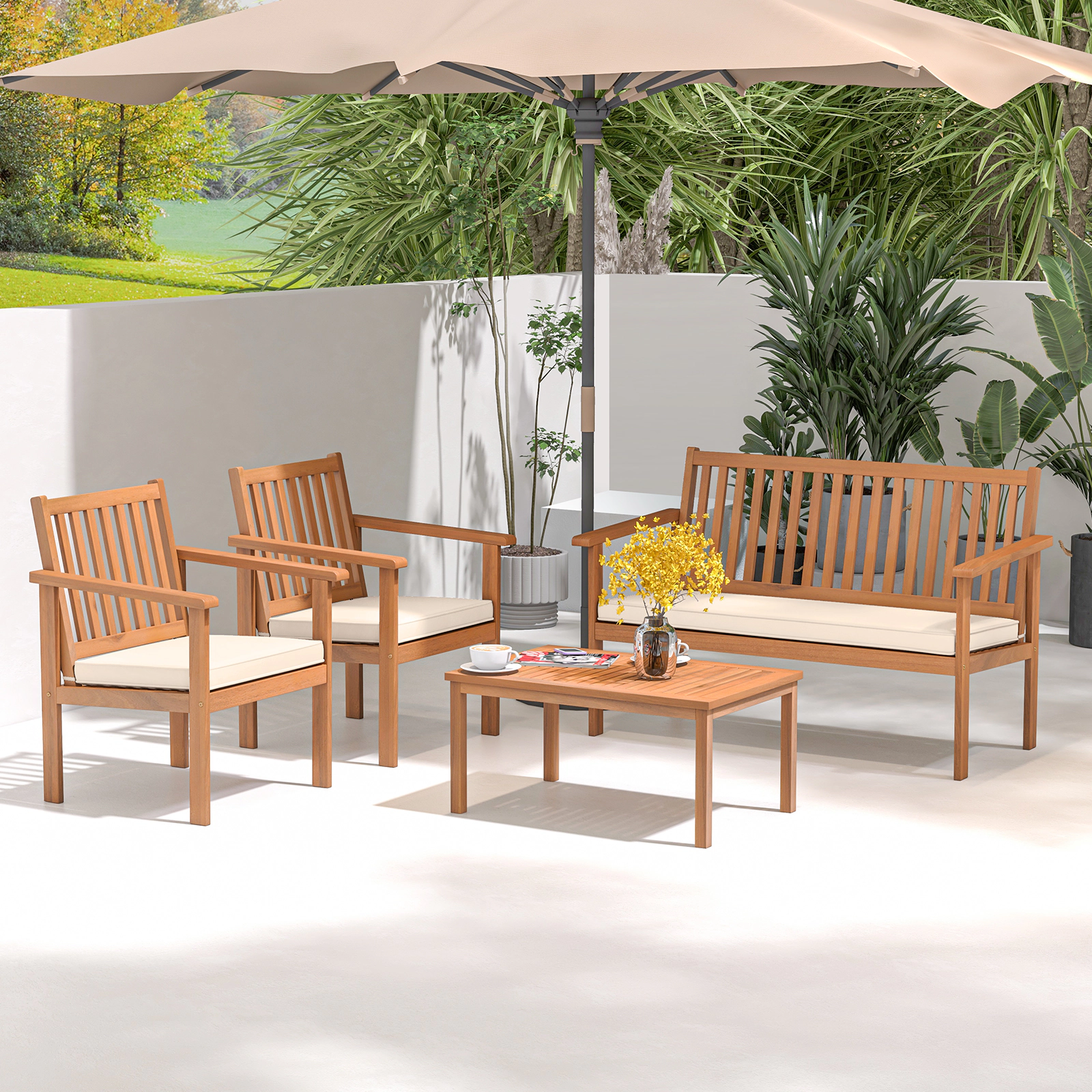 SUGIFT 4 Piece Acacia Wood Patio Conversation Set Loveseat 800-lb Capacity 47.5 x 24 x 31 in Loveseat Off White Cushions