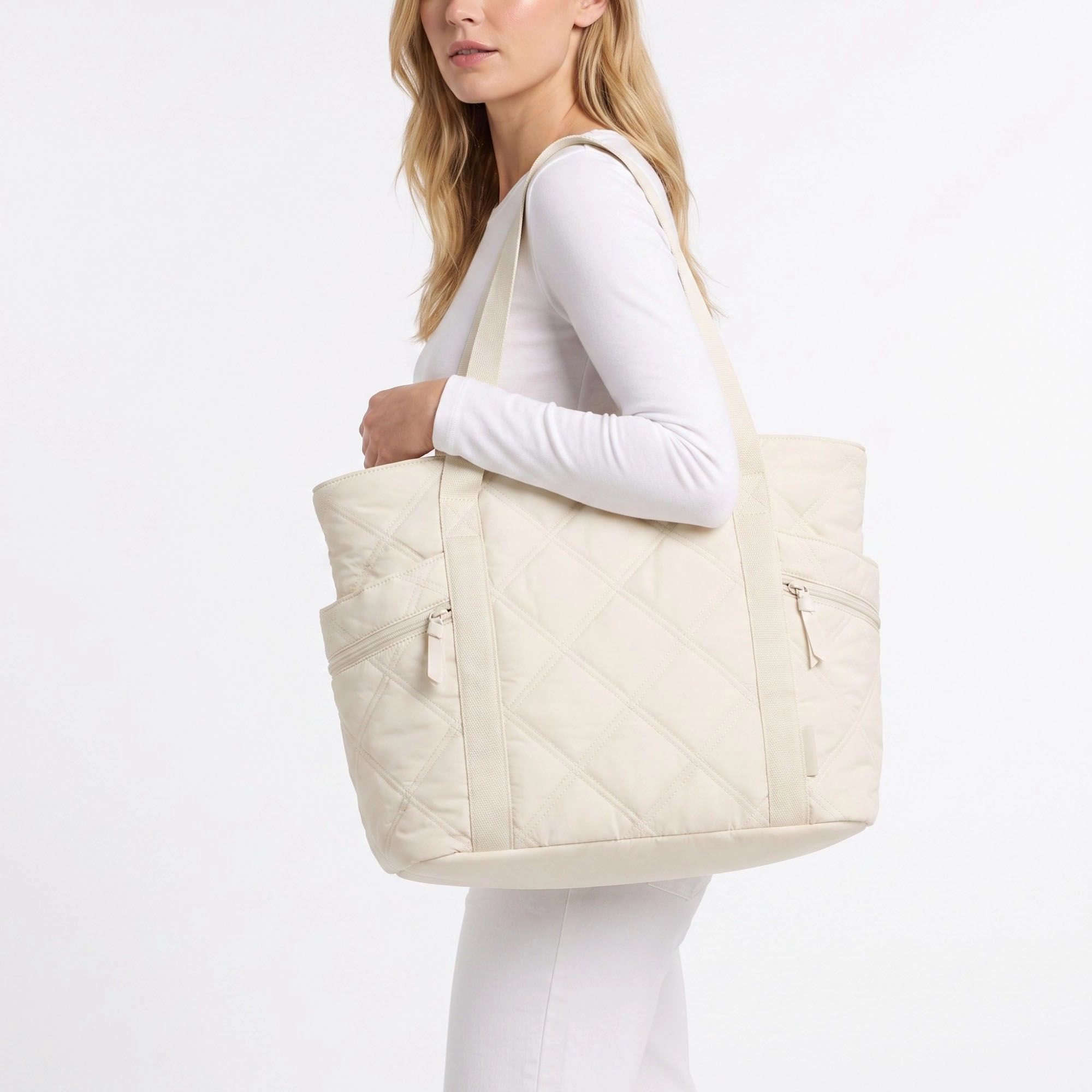 Alilang Women's Oversized Quilted Tote Bag with Exterior Zip Pockets and Long Shoulder Straps 15.5x12.5x6.5in