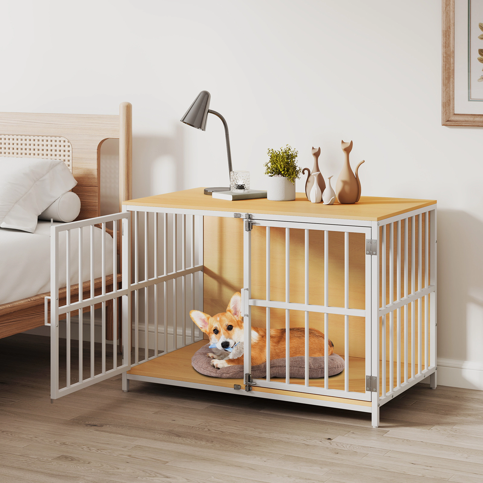 SUGIFT 40 in Dog Crate Furniture Natural Wooden Kennel with Dual Lockable Double Doors