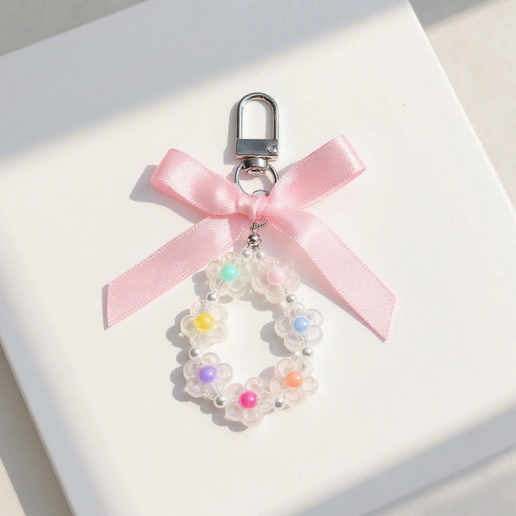 Alilang Women's Pastel Flower Beaded Keychain with Pink Satin Bow and Pearl Accents