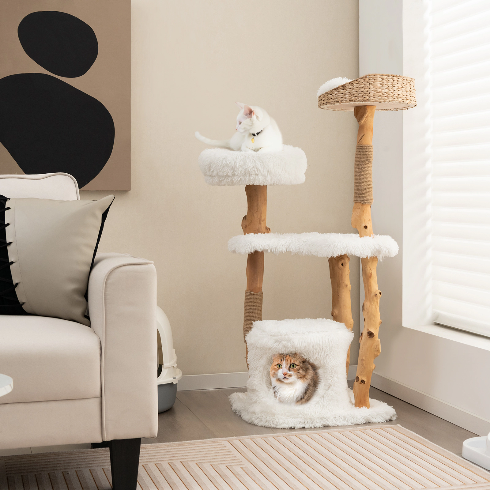 SUGIFT 49 in Solid Wood Cat Tower White with Cattail Basket Bed and Jute Posts