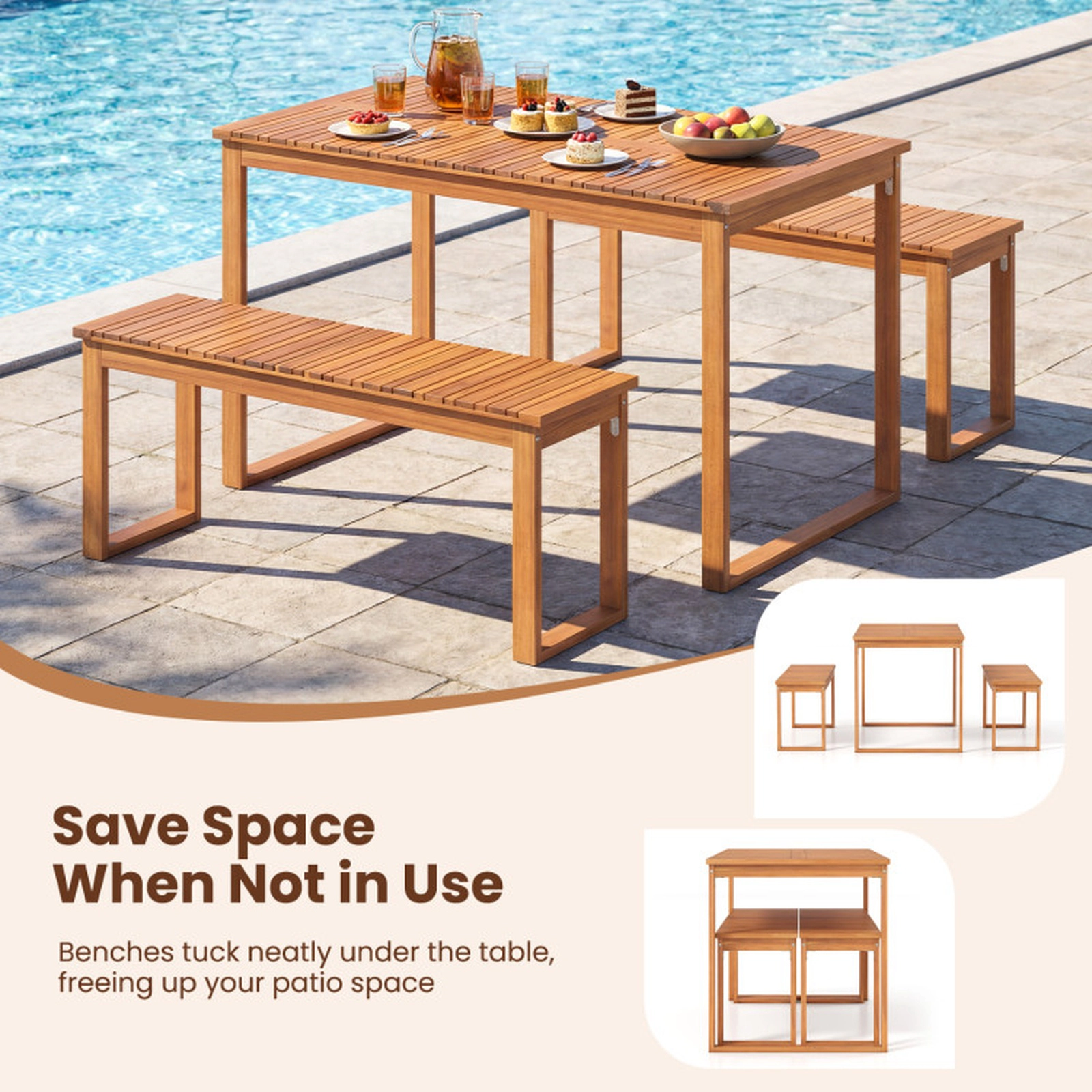 SUGIFT 49-in 165-lb Capacity Acacia Wood Outdoor Dining Table with Slatted Top and Metal Corner Braces