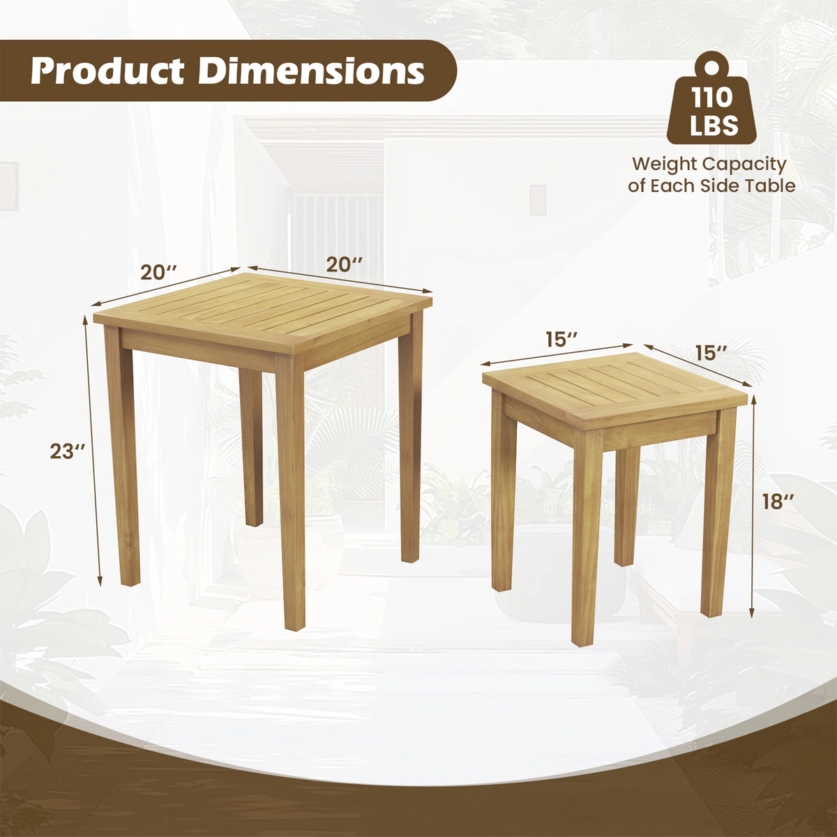 SUGIFT Set of 2 Slatted Top Teak Wood Outdoor Patio Nesting Tables 20-in x 20-in x 23-in 110-lb Capacity Natural