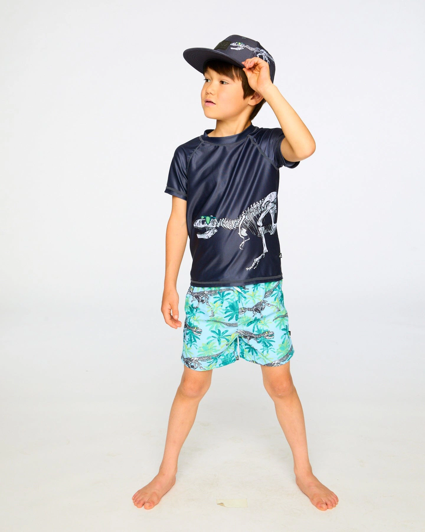 Deux par Boys Dinosaur Skeleton Graphic Contrast Panel Short Sleeve Rashguard