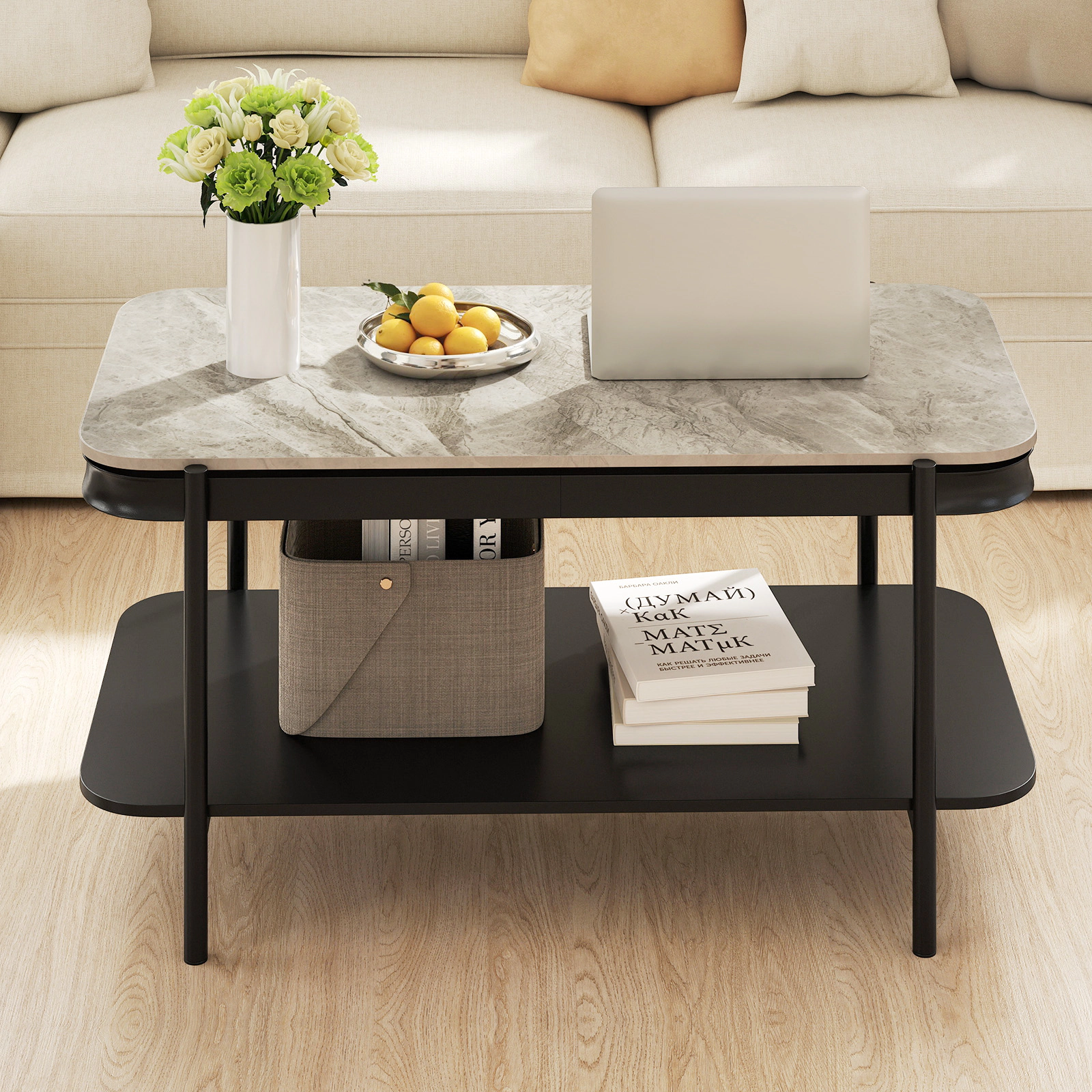 SUGIFT 2-Tier Sintered Stone Top Black Metal Frame Modern Coffee Table 35.5-in x 19.5-in x 18-in 100-lb Capacity Gray