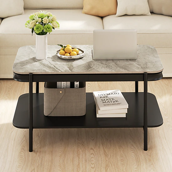 SUGIFT Sintered Stone Top Metal Frame 2 Tier Open Shelf Coffee Table In Gray