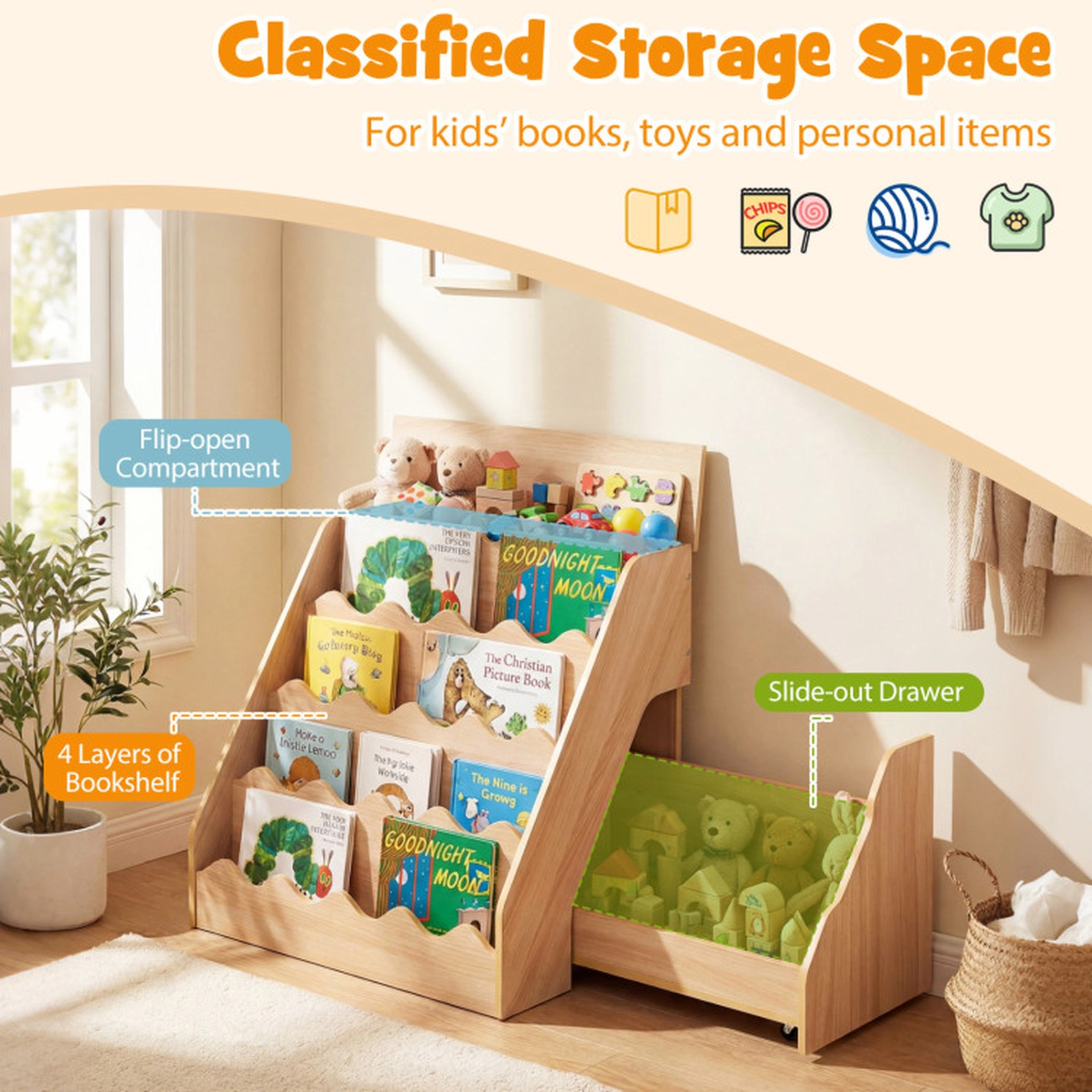 SUGIFT Kids 2-in-1 4-Tier Rolling Drawer Cart Flip Top Box Toy Storage Bookshelf 24.8-in x 19.29-in x 24.21-in Natural