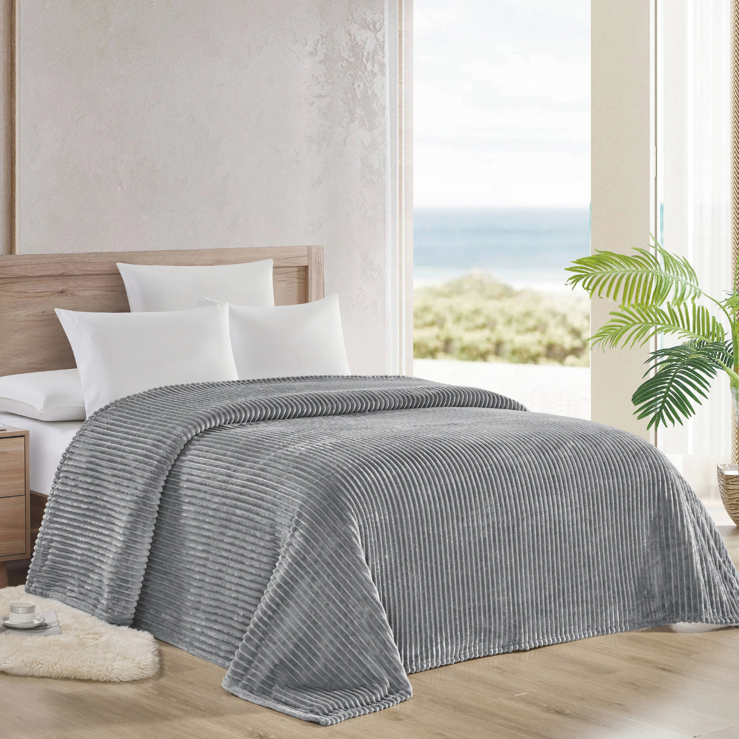 Plazatex Striata Lined Oversized All Season 100% Polyester Blanket King 108" x 90" Grey