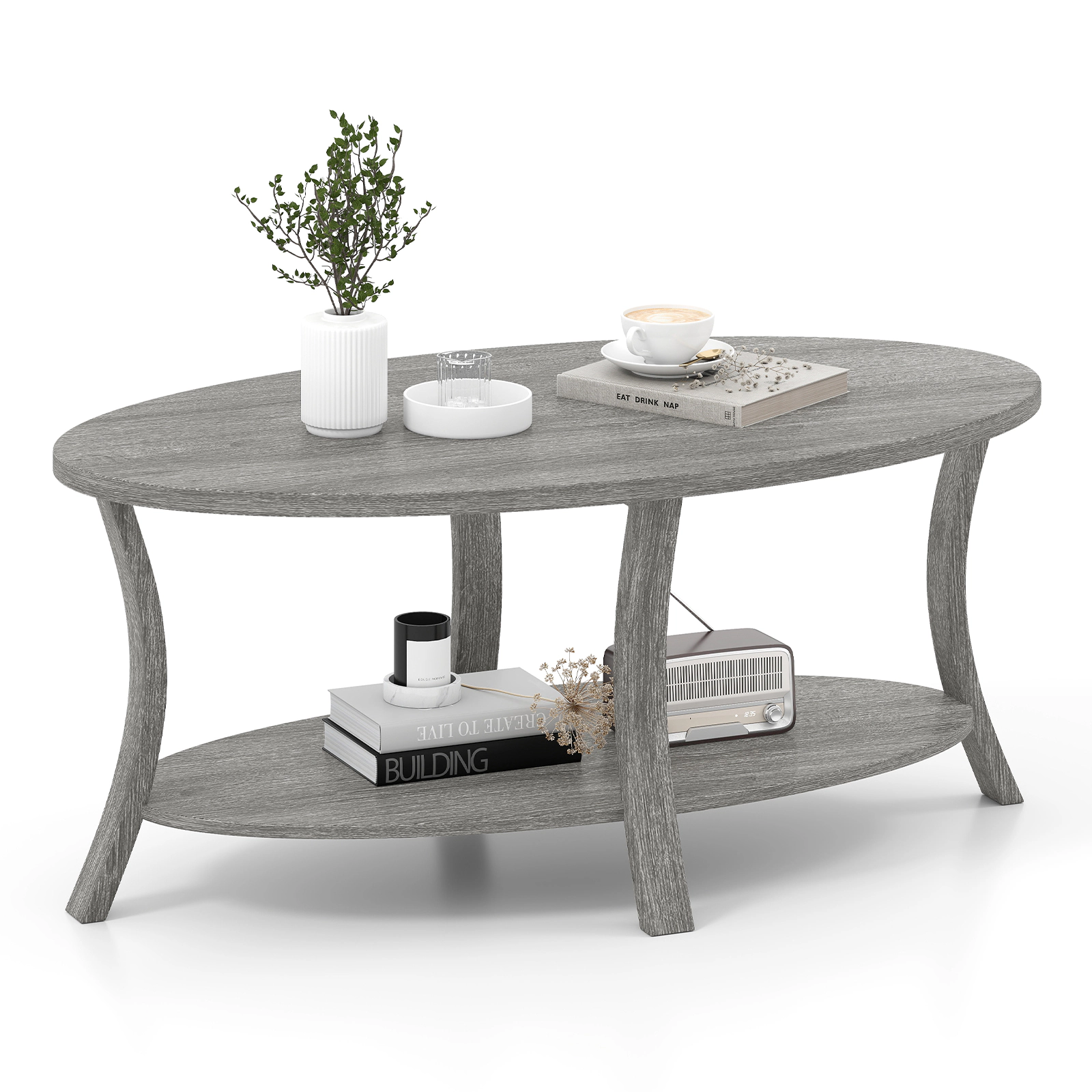 Glintex 2-Tier 44-Inch Oval Coffee Table with Storage Shelf and Wood Legs, Gray