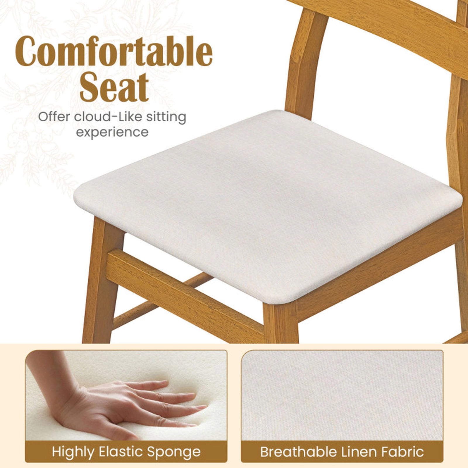 SUGIFT Set of 4 Beige Linen Upholstered Dining Chairs, Padded Seats, Natural Wood Legs