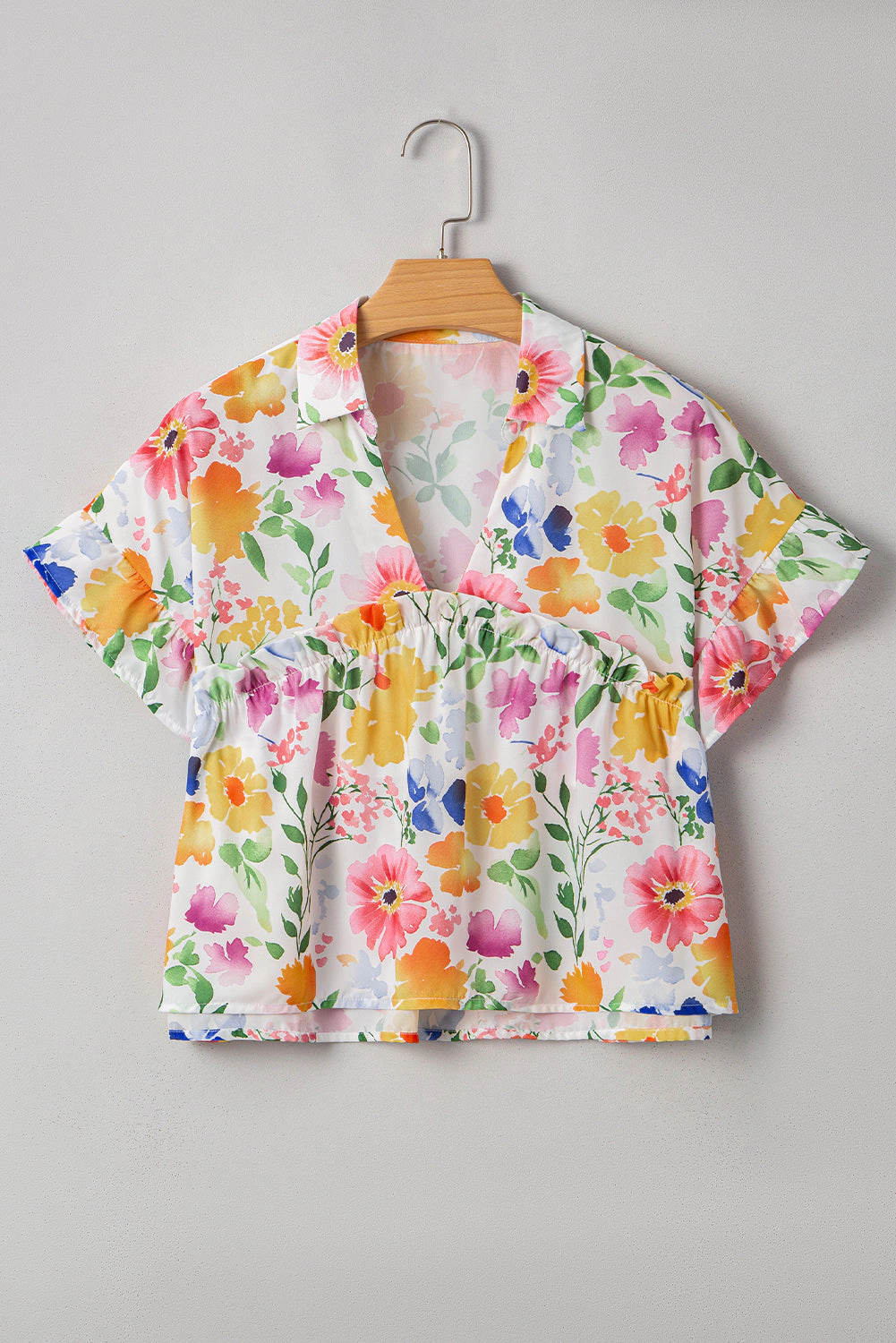Threaded Pear Women's Liberty Floral Boxy Fit Ruffled Short Sleeve V Neck Blouse