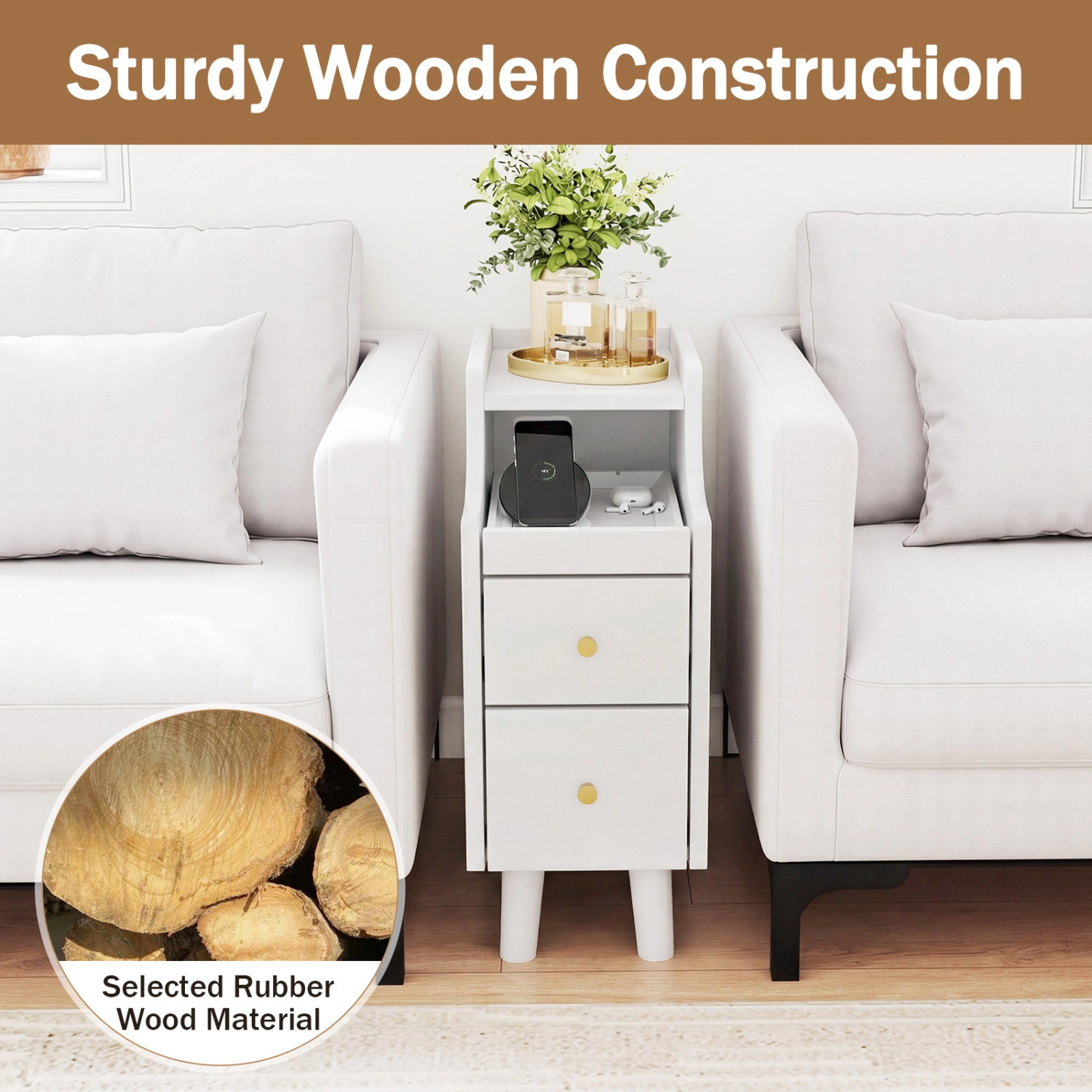 SUGIFT Set of 2 White Narrow Nightstands, 20-Inch Bedside Tables with Pull-Out Trays and 2 Drawers