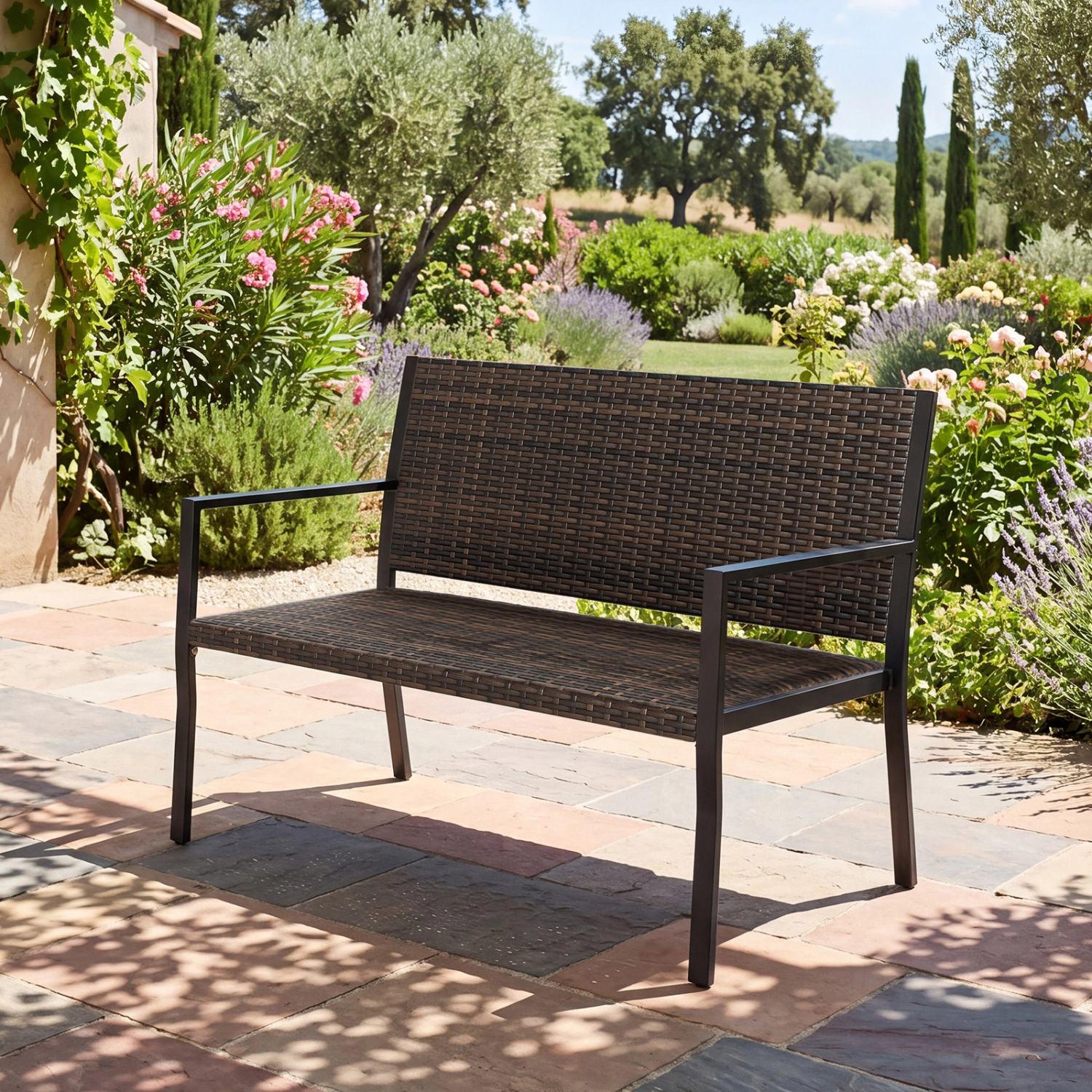 LJG Patio Sun-Proof Rattan Loveseat with Soft Sponge Seat