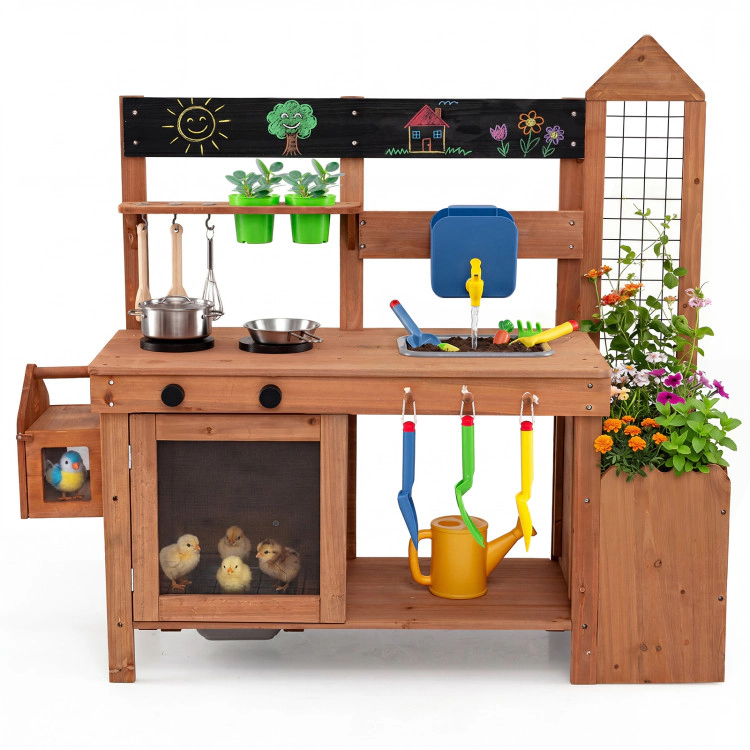 Hivvago Outdoor Wooden Mud Kitchen with Planter Box and Sink for Toddlers