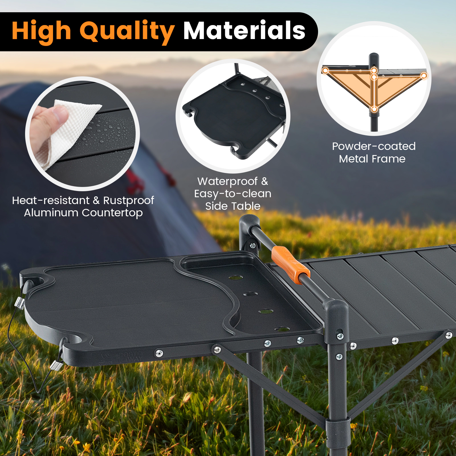 SUGIFT Folding Outdoor Cook Station, Heat-Resistant Aluminum Tabletop, 4 Side Tables and Storage Rack