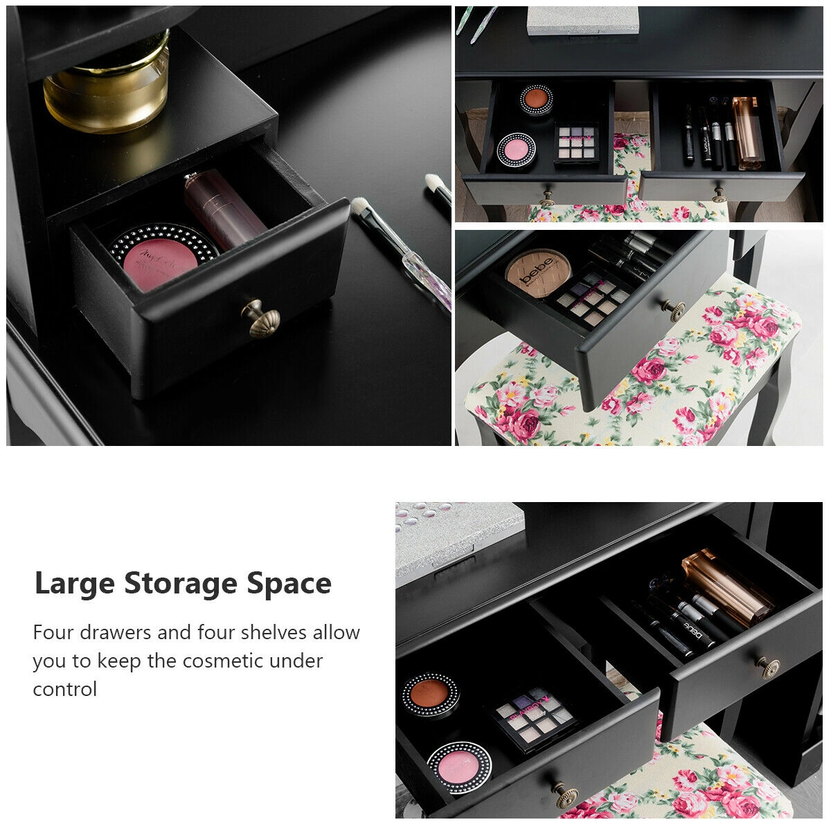 SUGIFT 4-Drawer Girls Makeup Vanity Dressing Table Set Oval Mirror & Stool 286-lb Dresser Capacity 242-lb Stool Capacity