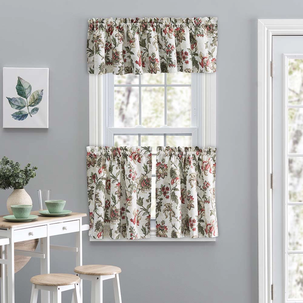 Ellis Curtain Madison Floral Design Printed Natural Ground 1.5" Rod Pocket Tailored Tier 56" x 36" Brick