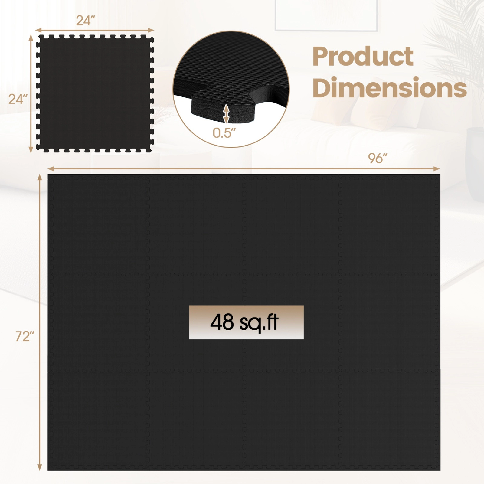 SUGIFT Black 12 Pack Non-Slip Interlocking EVA Foam Exercise Floor Mats with 14 Borders 24-in W 24-in D 0.5-in H