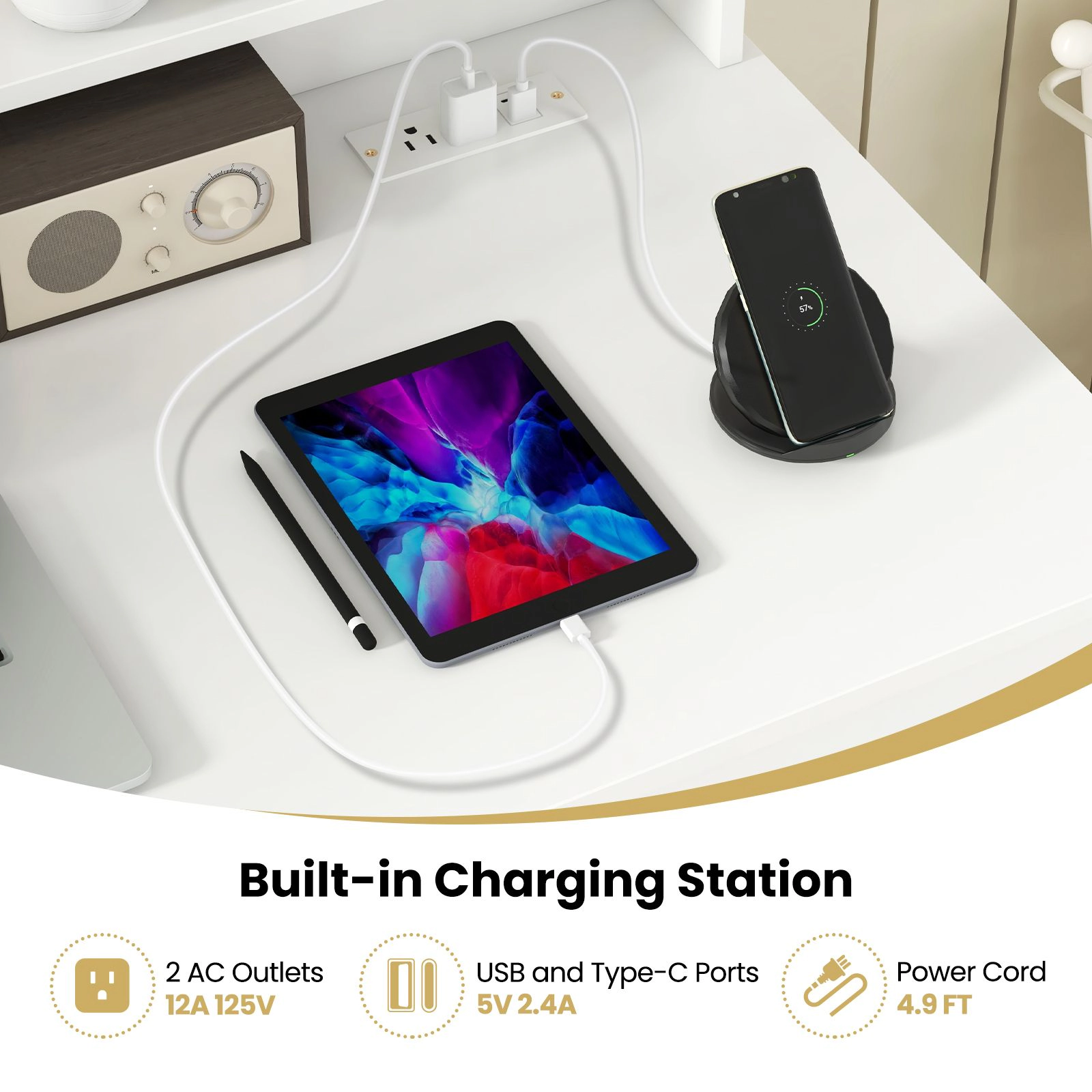 SlickBlue White Computer Desk with Charging Station