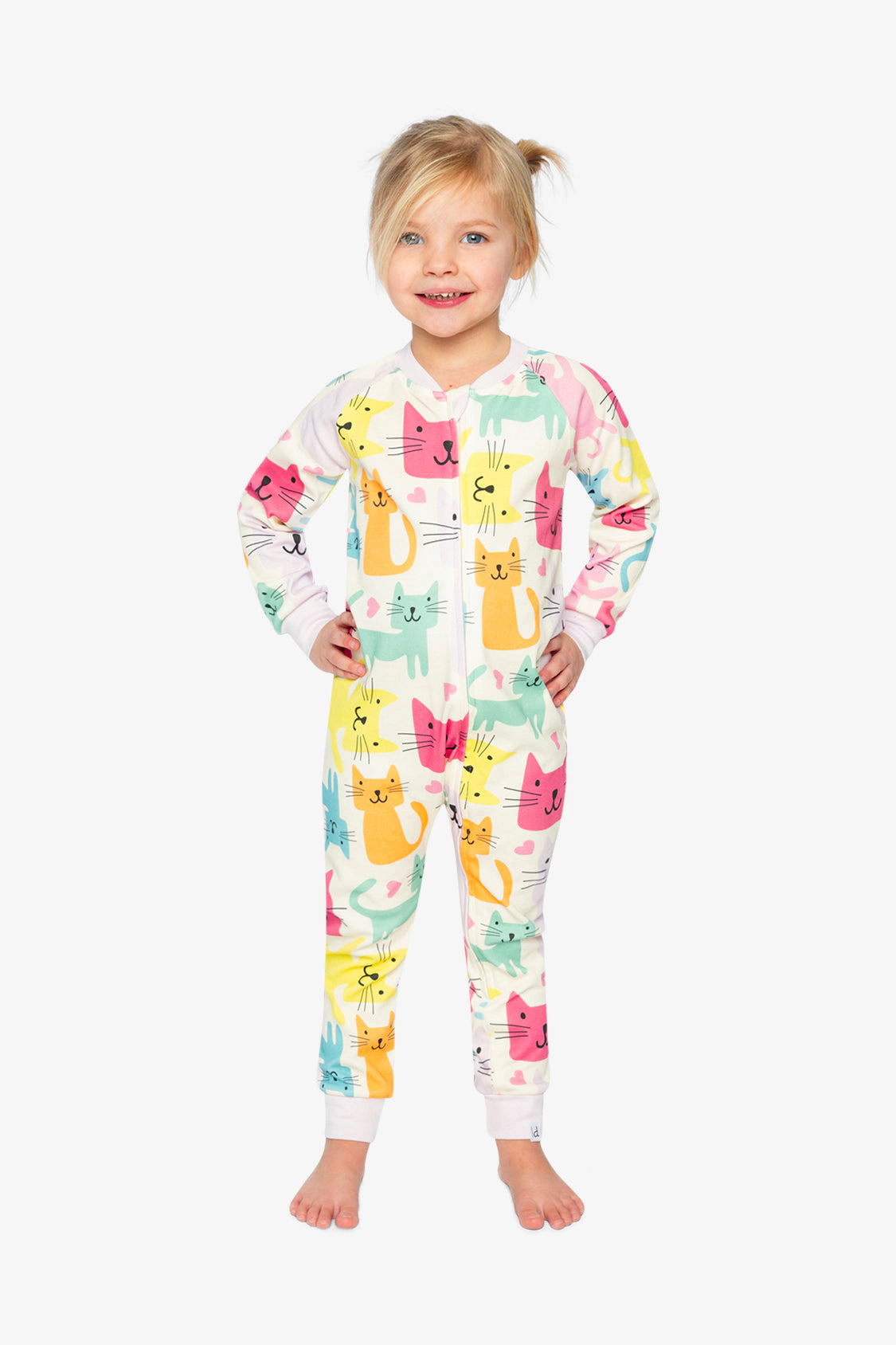 Deux par Girls Organic Cotton Cat Print Front Zip Long Sleeve One Piece Pajama