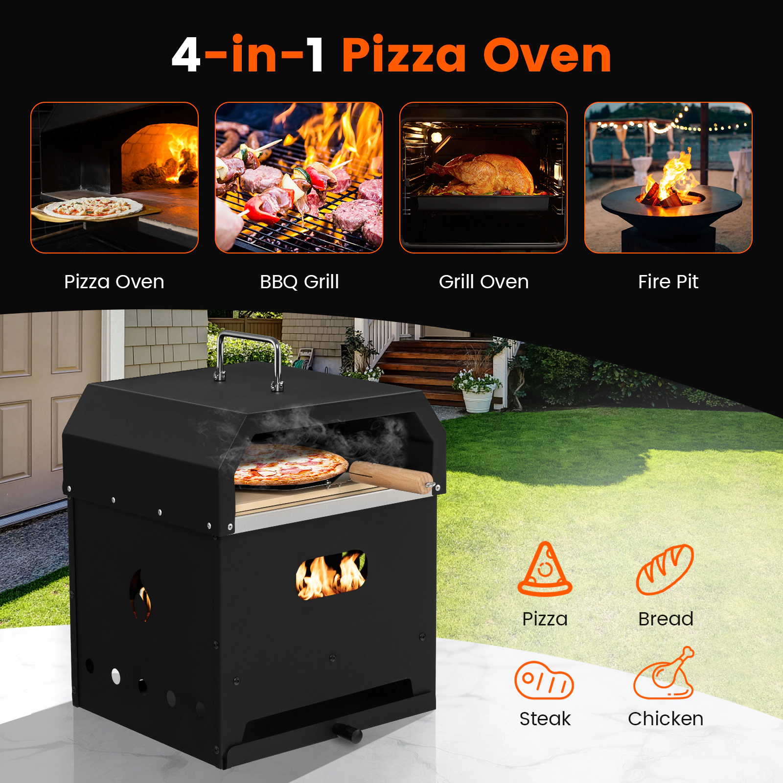 SUGIFT 4-in-1 Multifunction Portable Outdoor Pizza Oven Gas Stove Fire Pit BBQ Grill 12 x 12-in Cordierite Stone Black