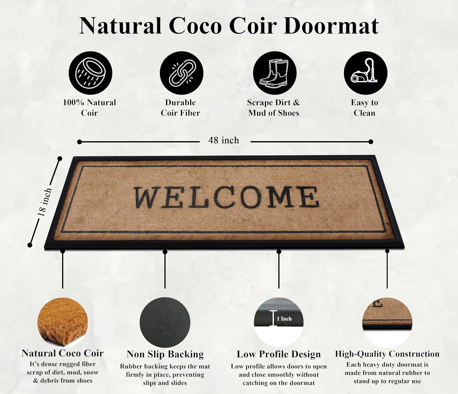 A1HC Coir and Rubber Door Mat 48x18 Inches Heavy Duty Durable Low-Profile Welcome Black Border