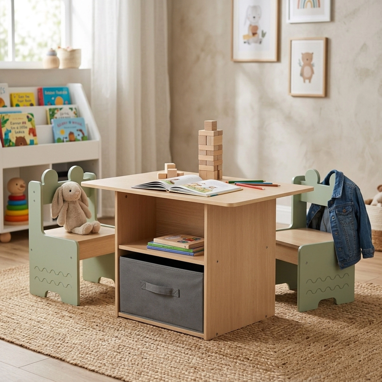 SUGIFT Wooden Kids Table and Chairs Set, 2 Chairs, Storage Compartments and Fabric Drawer, Natural and Green