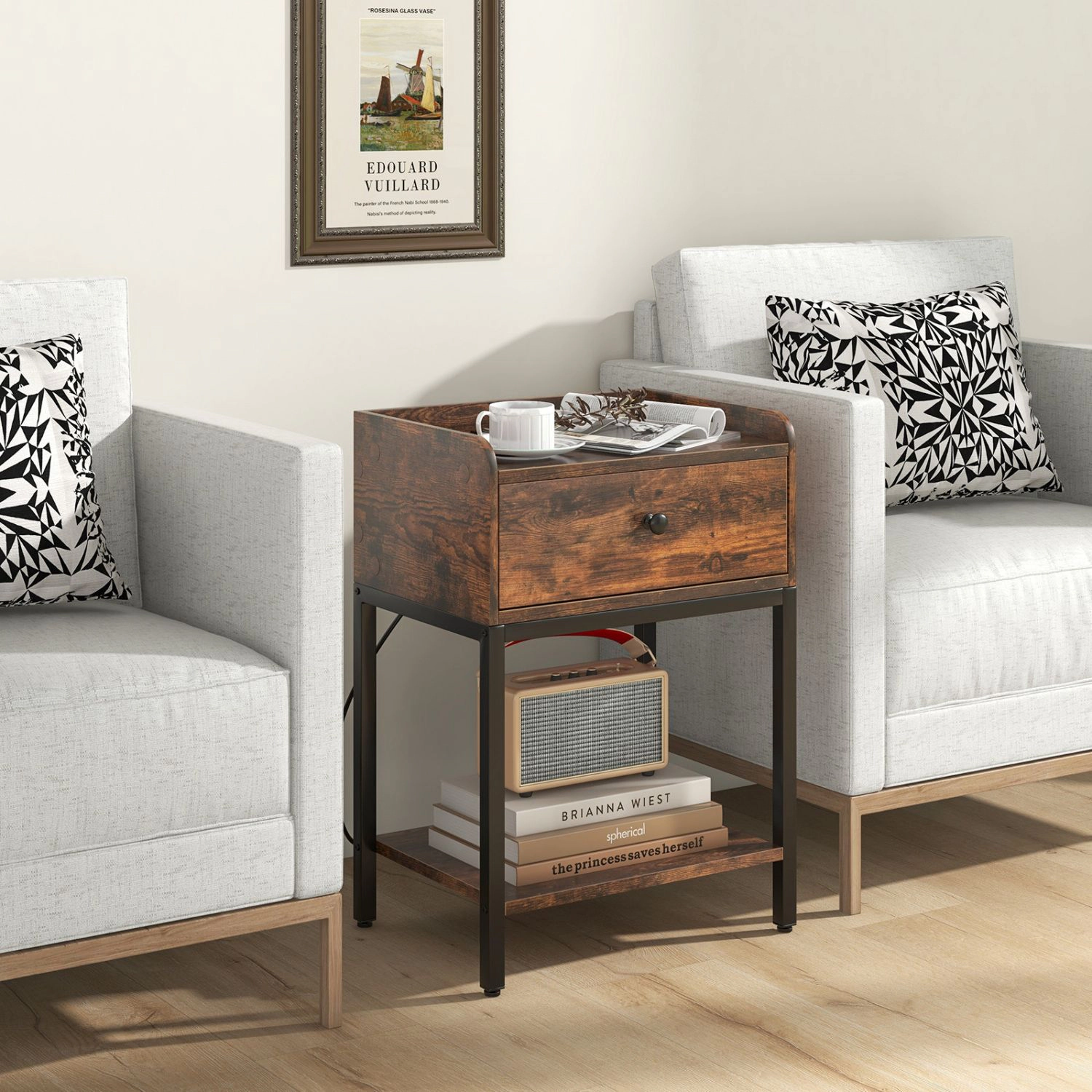 SlickBlue Unisex Industrial Nightstand with Charging Station