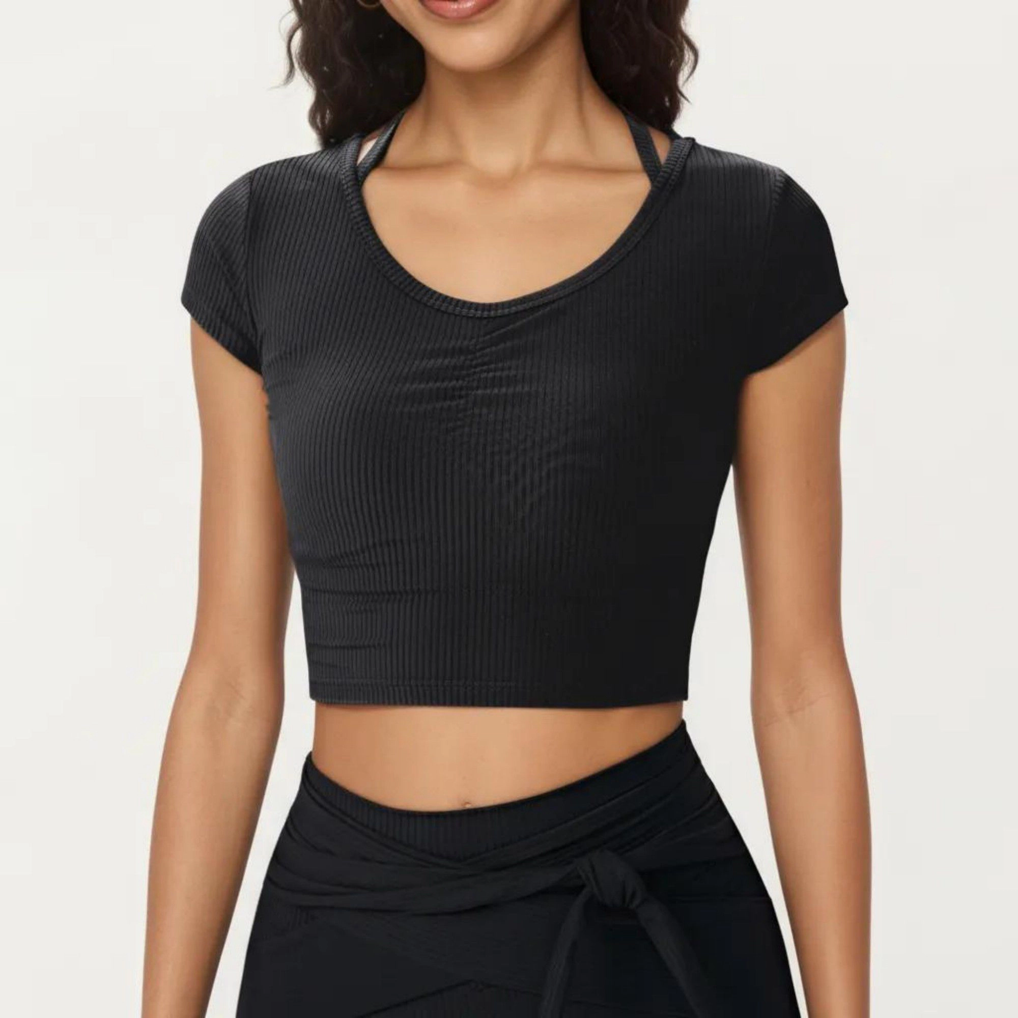 Anna-Kaci Women's Short Sleeve Ribbed Active Crop Top with Scoop Neck and Back Strap Detail